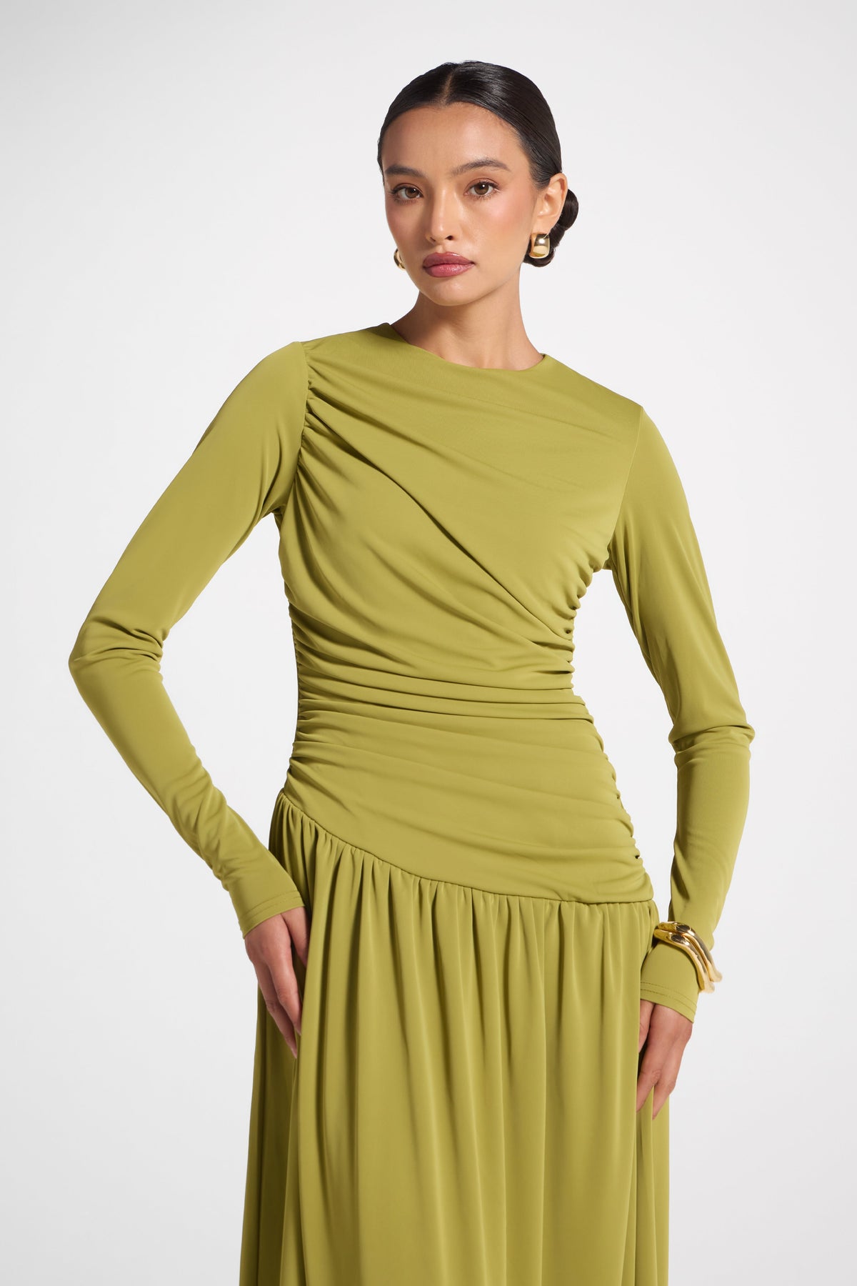 Asymmetrical Waist Rouched Maxi Dress - Evergreen Abayas Veiled 