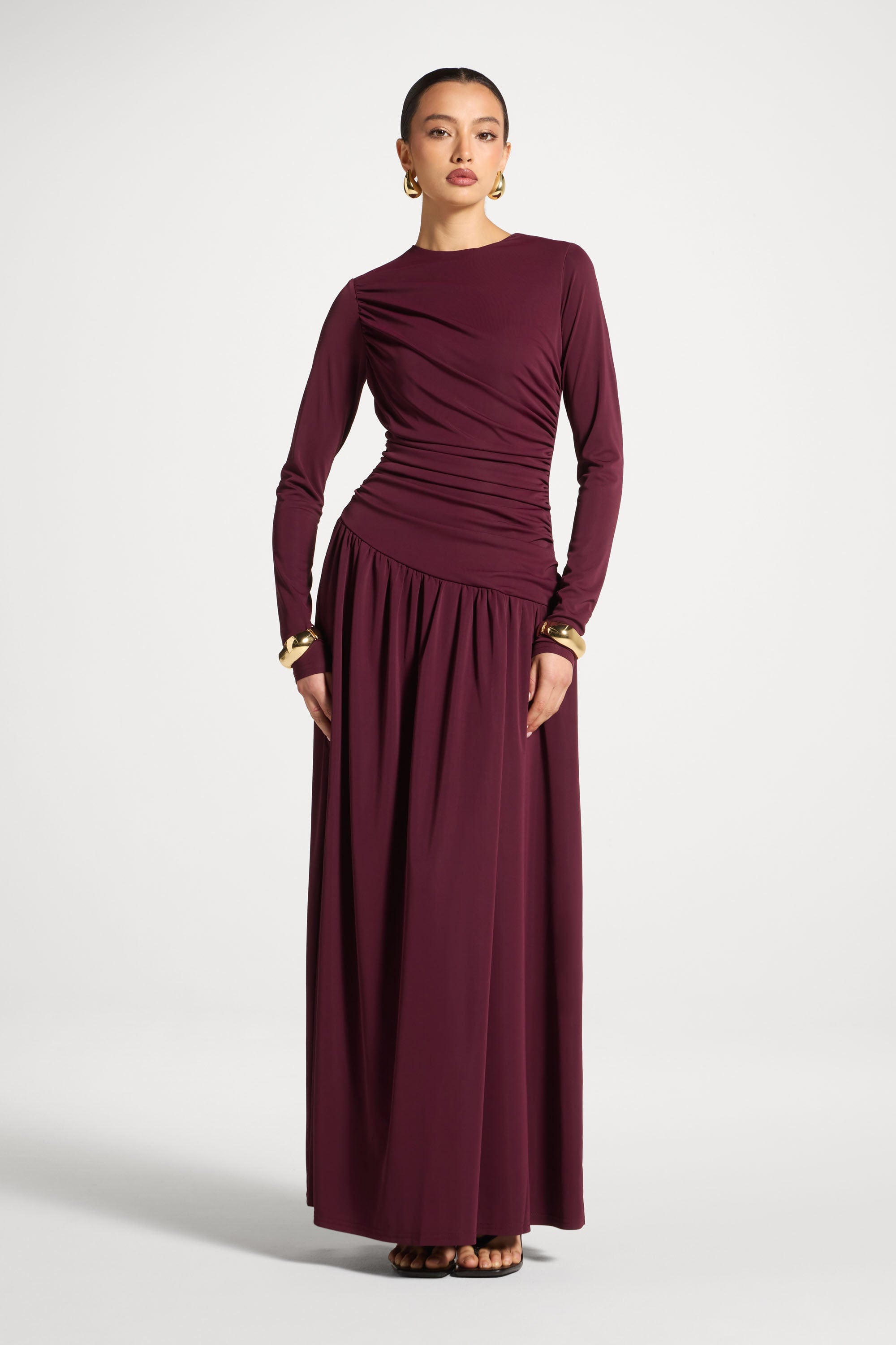 Asymmetrical Waist Rouched Maxi Dress - Fig Abayas Veiled 