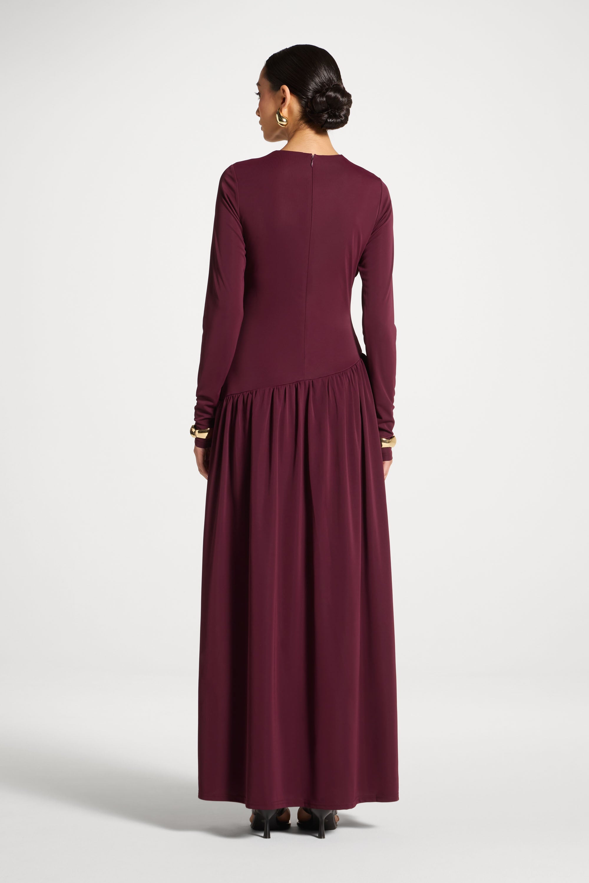 Asymmetrical Waist Rouched Maxi Dress - Fig Abayas Veiled 