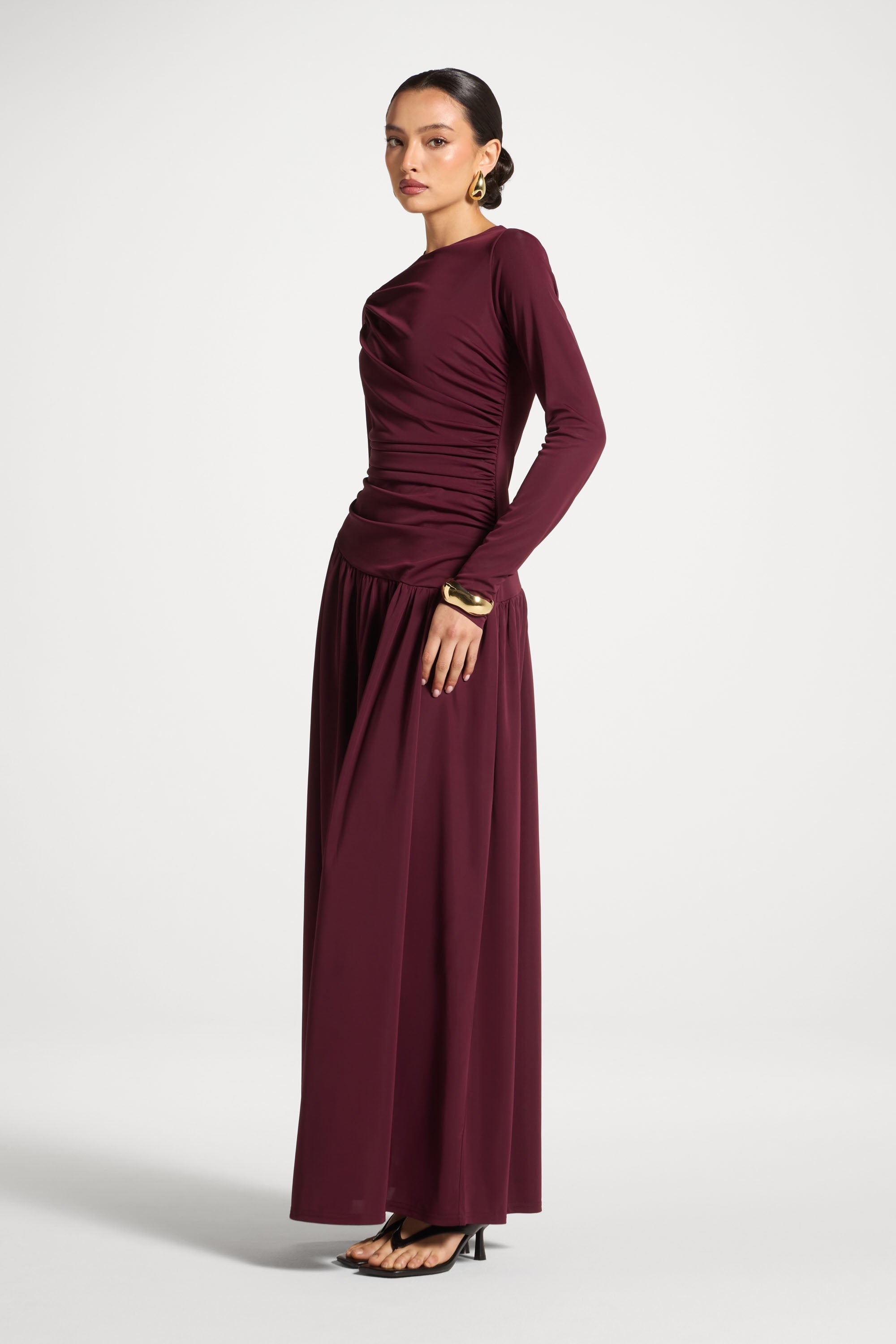 Asymmetrical Waist Rouched Maxi Dress - Fig Abayas Veiled 
