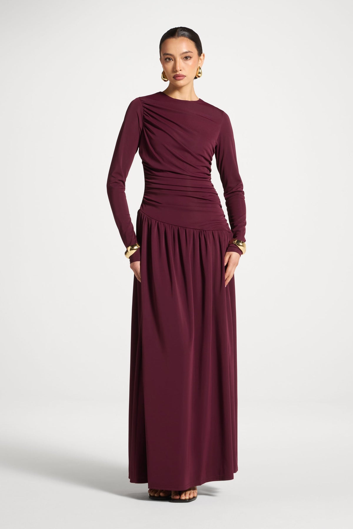 Asymmetrical Waist Rouched Maxi Dress - Fig