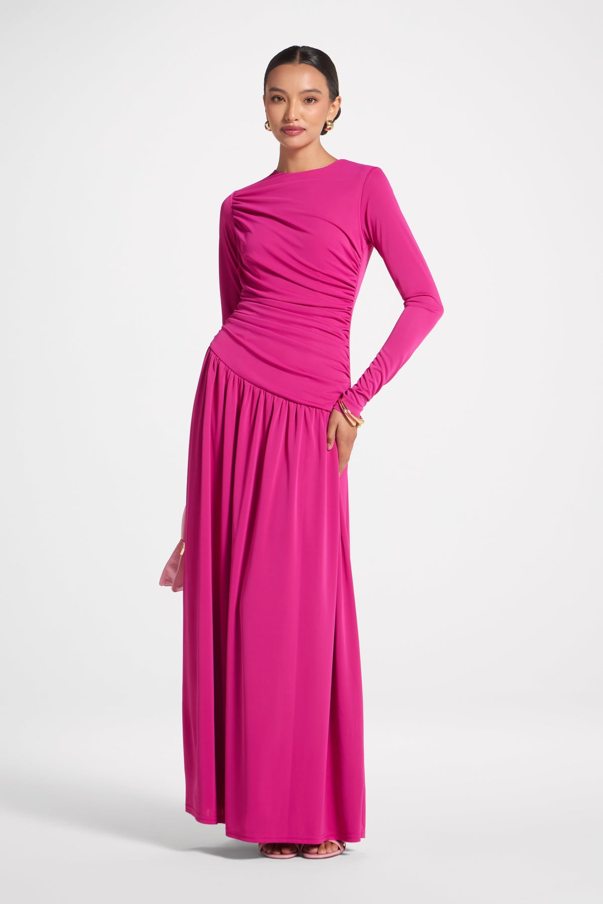 Asymmetrical Waist Rouched Maxi Dress - Fuchsia Abayas Veiled 