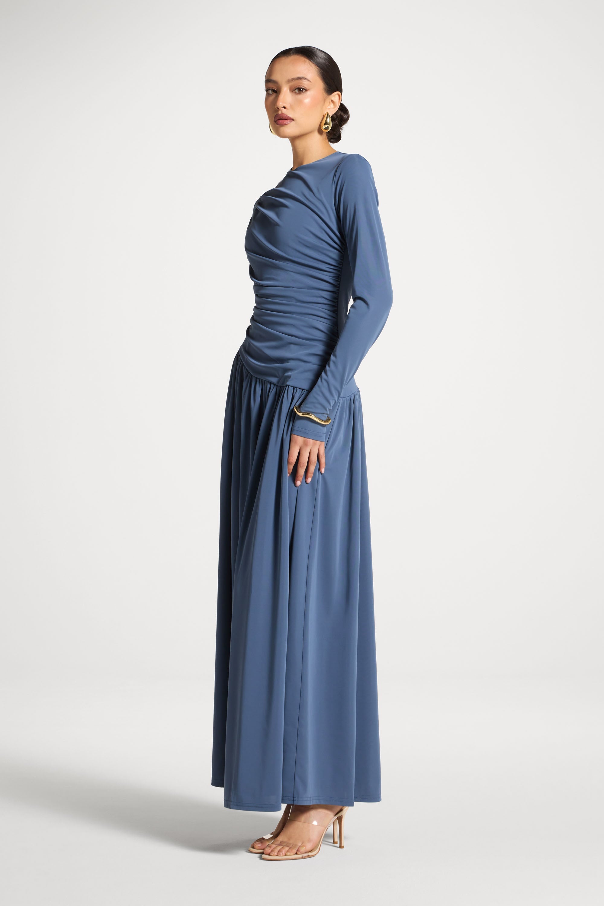 Asymmetrical Waist Rouched Maxi Dress - Indigo Abayas Veiled 