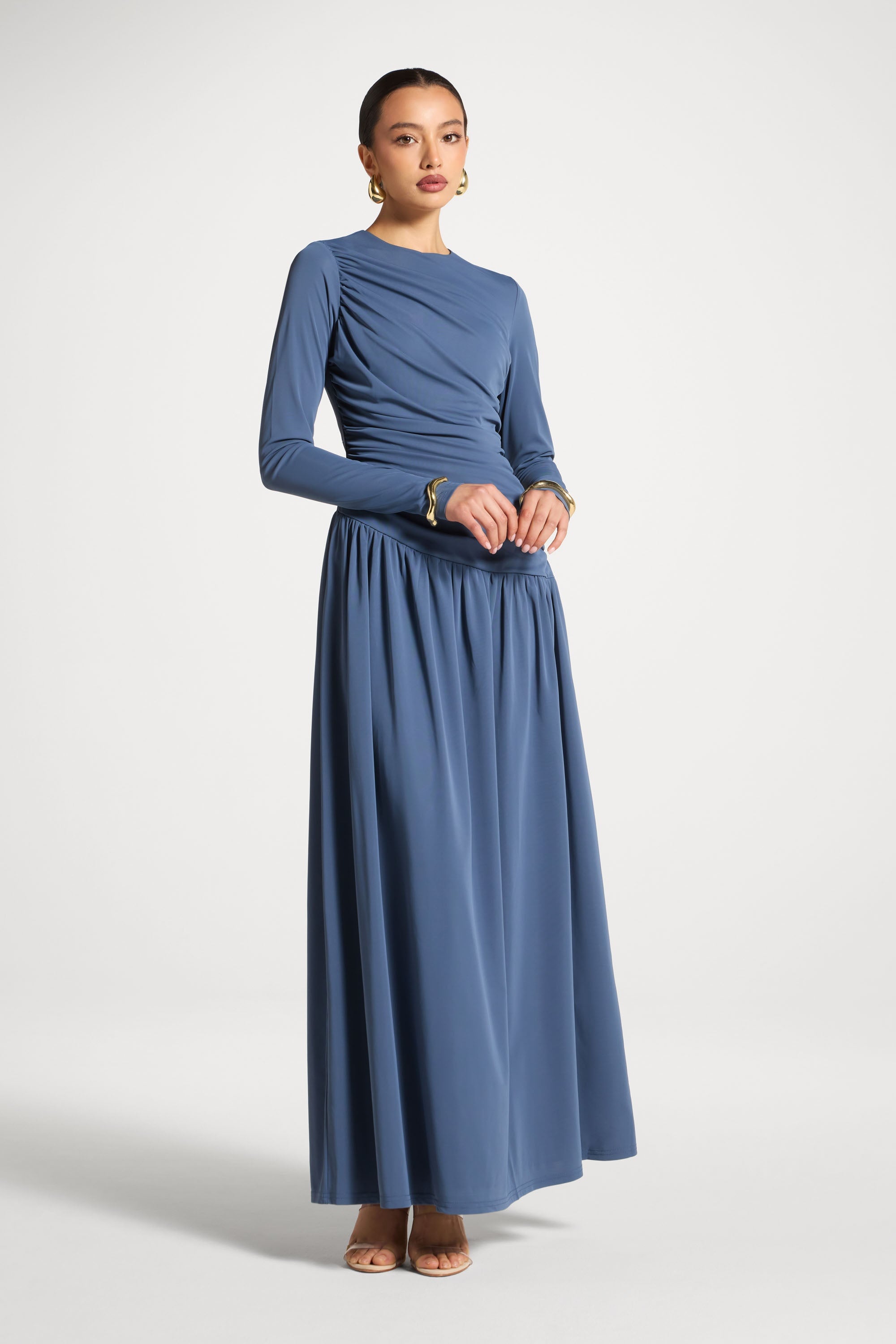 Asymmetrical Waist Rouched Maxi Dress - Indigo Abayas Veiled 