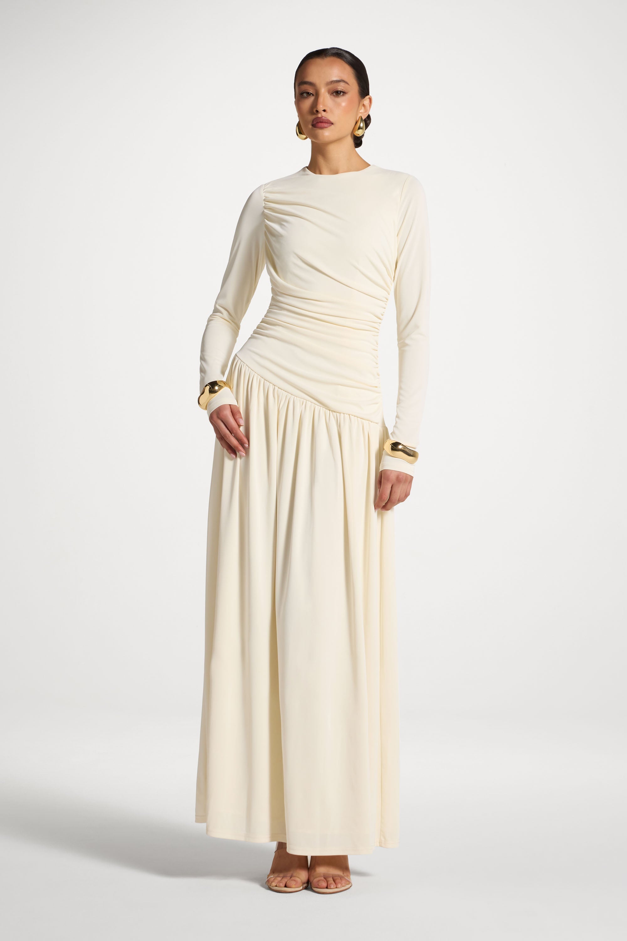 Asymmetrical Waist Rouched Maxi Dress - White