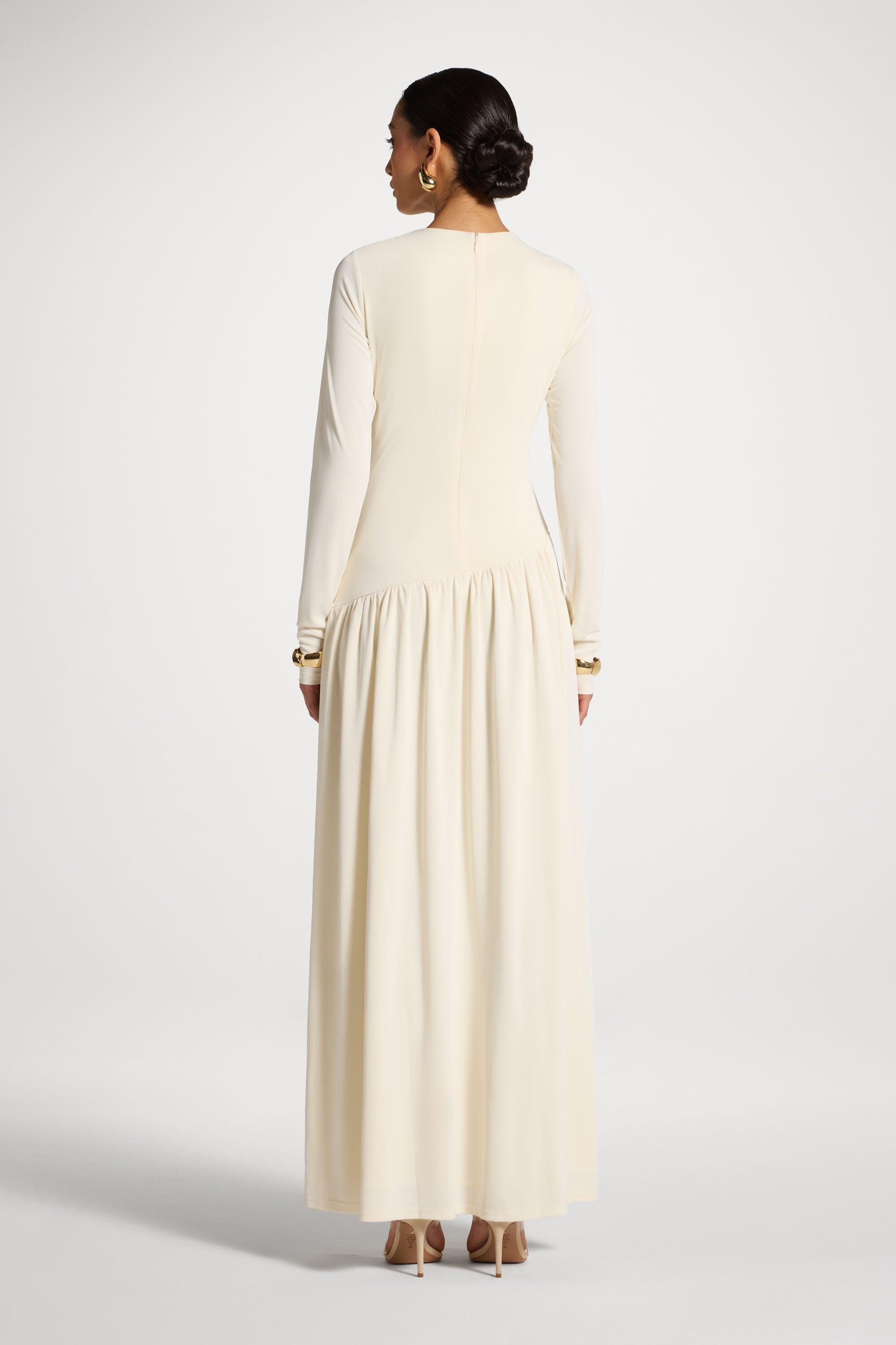 Asymmetrical Waist Rouched Maxi Dress - Ivory Abayas Veiled 