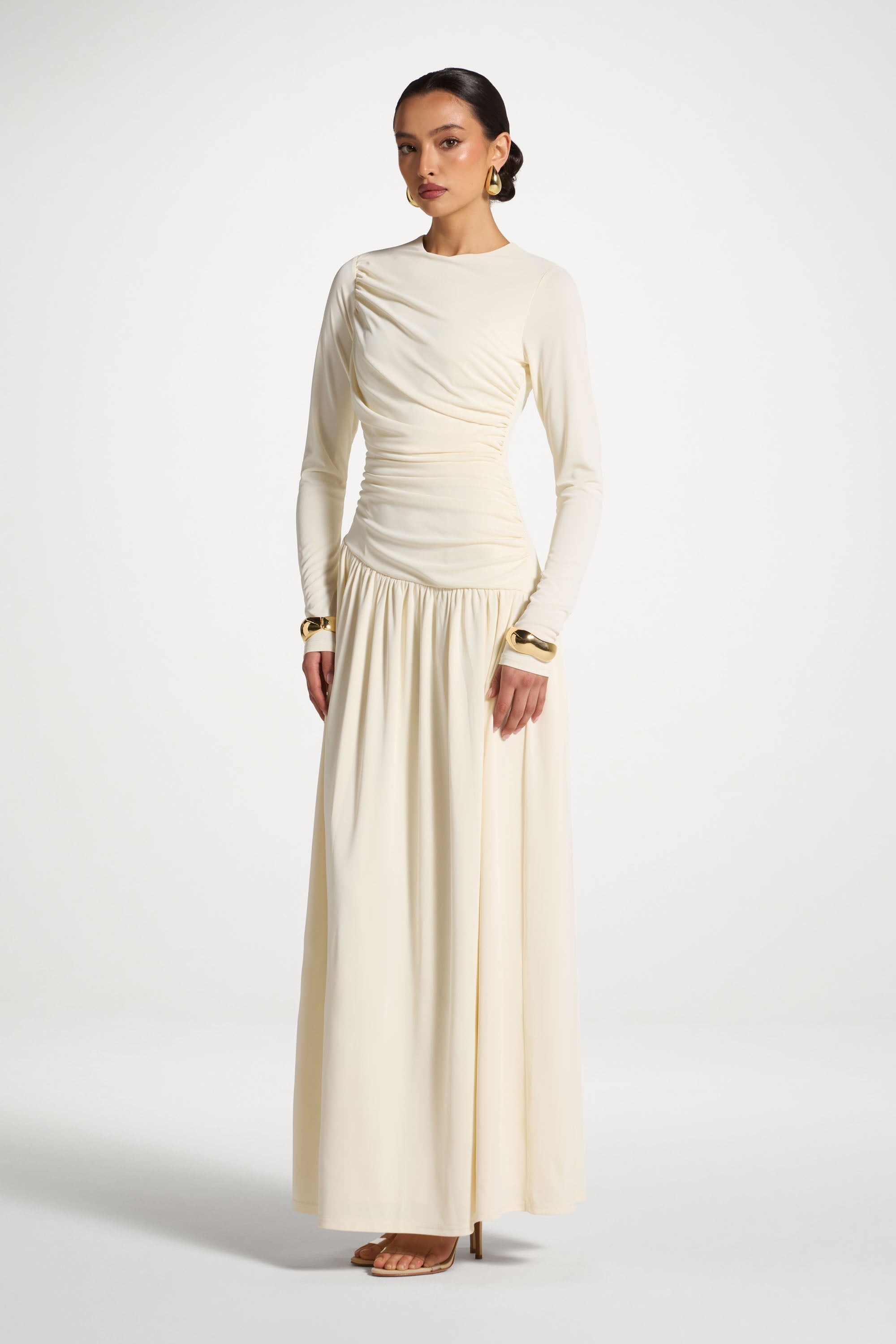 Asymmetrical Waist Rouched Maxi Dress - Ivory Abayas Veiled 