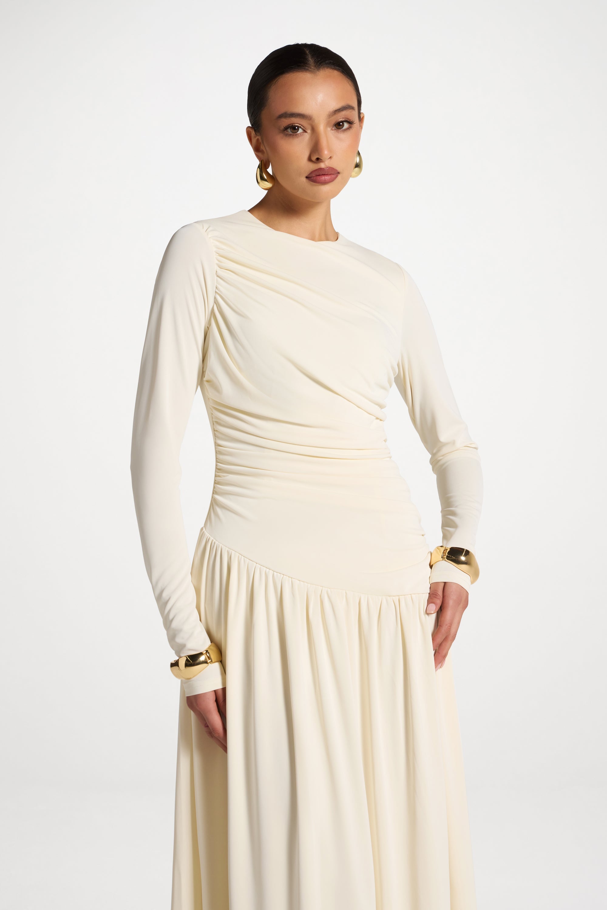 Asymmetrical Waist Rouched Maxi Dress - Ivory Abayas Veiled 