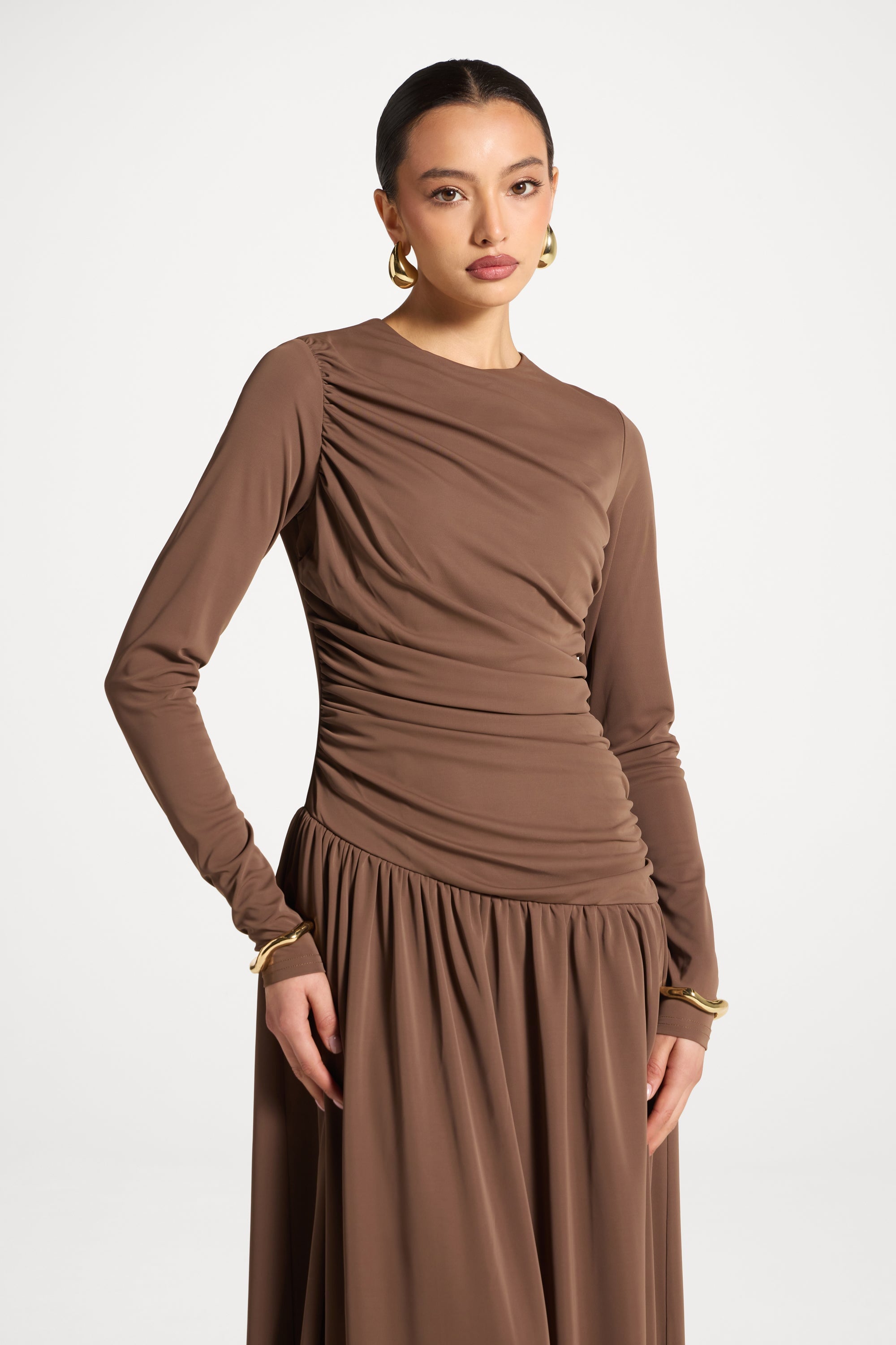 Asymmetrical Waist Rouched Maxi Dress - Mocha Abayas Veiled 