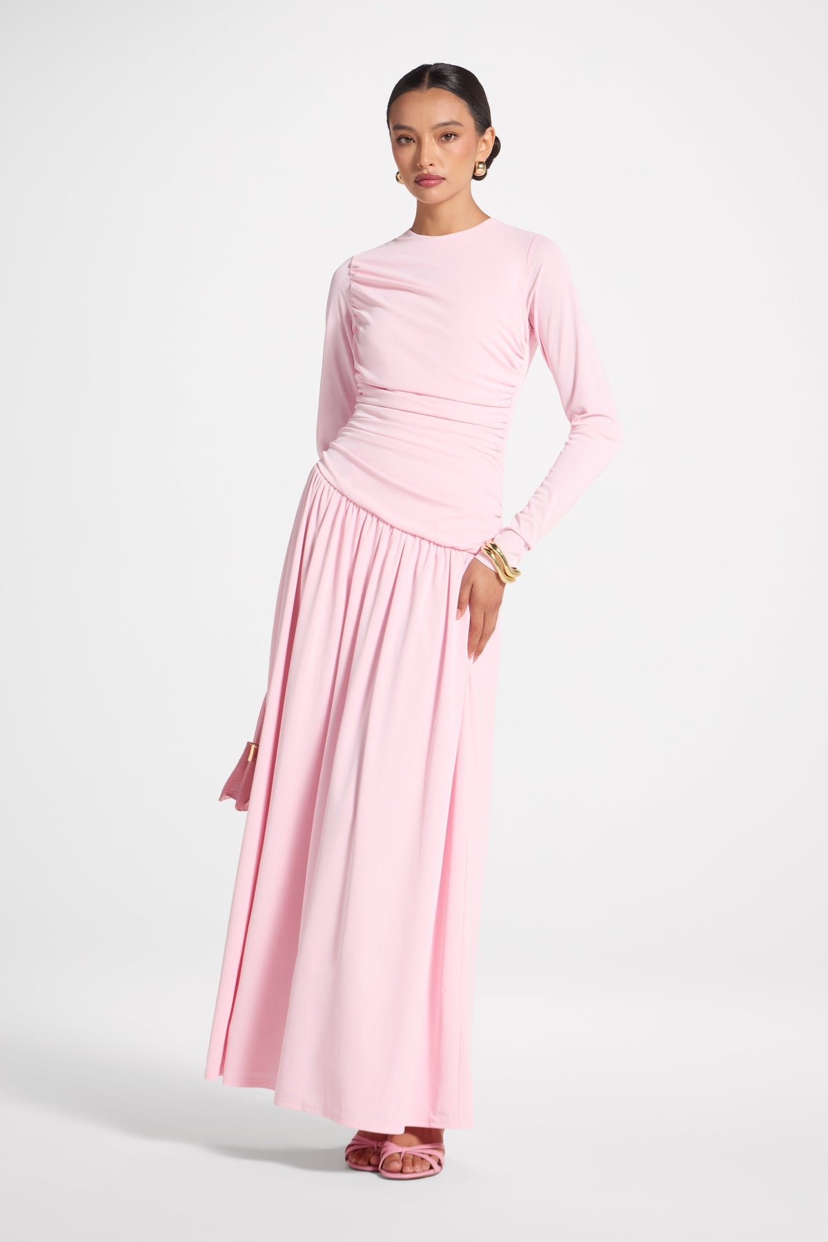 Asymmetrical Waist Rouched Maxi Dress - Pink Abayas Veiled 
