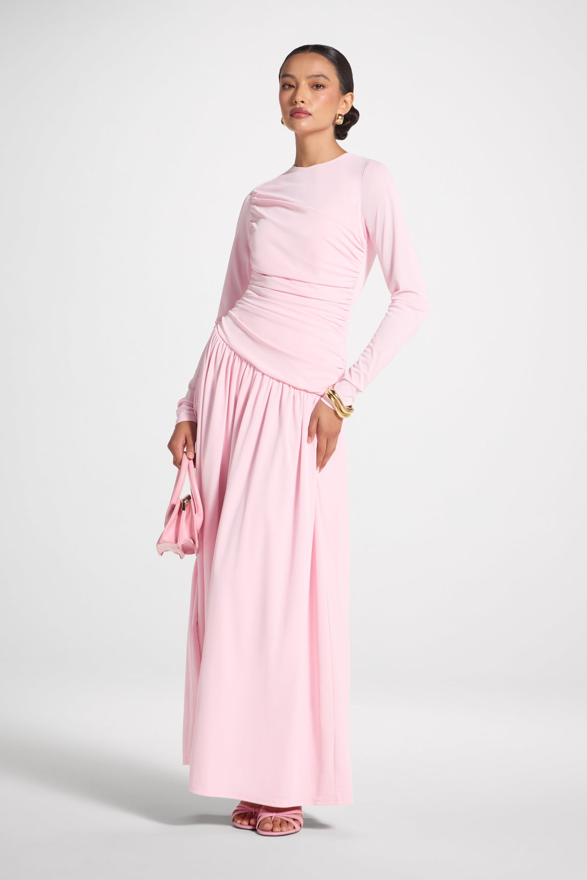 Asymmetrical Waist Rouched Maxi Dress - Pink Abayas Veiled 