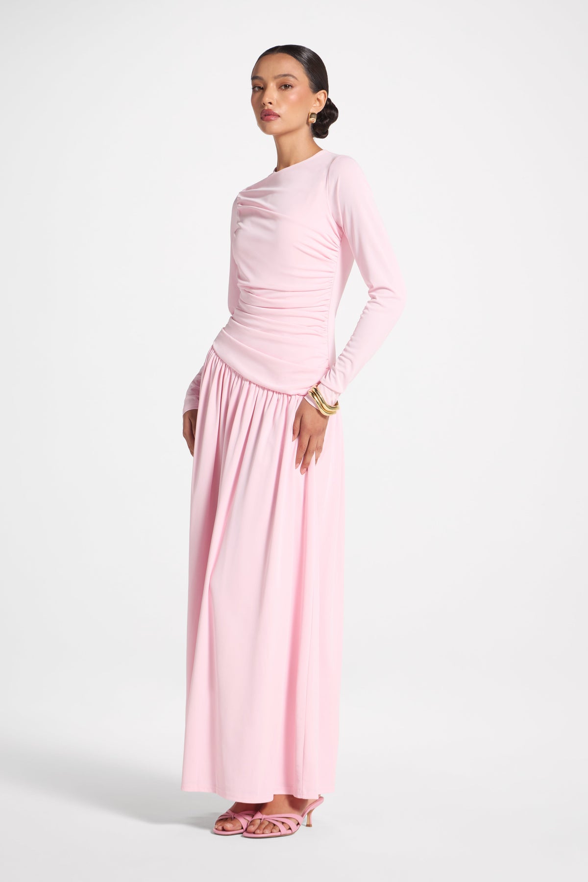 Asymmetrical Waist Rouched Maxi Dress - Pink Abayas Veiled 