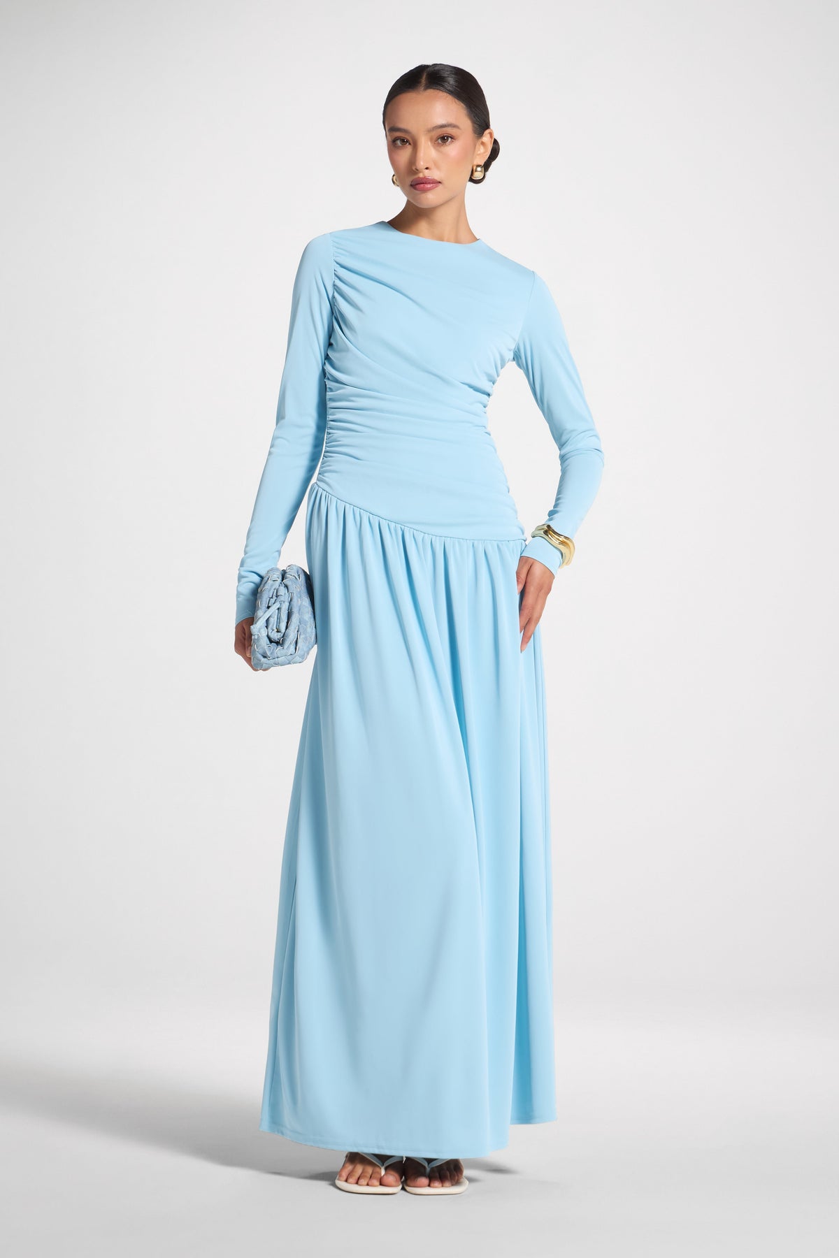 Asymmetrical Waist Rouched Maxi Dress - Sky Blue Abayas Veiled 