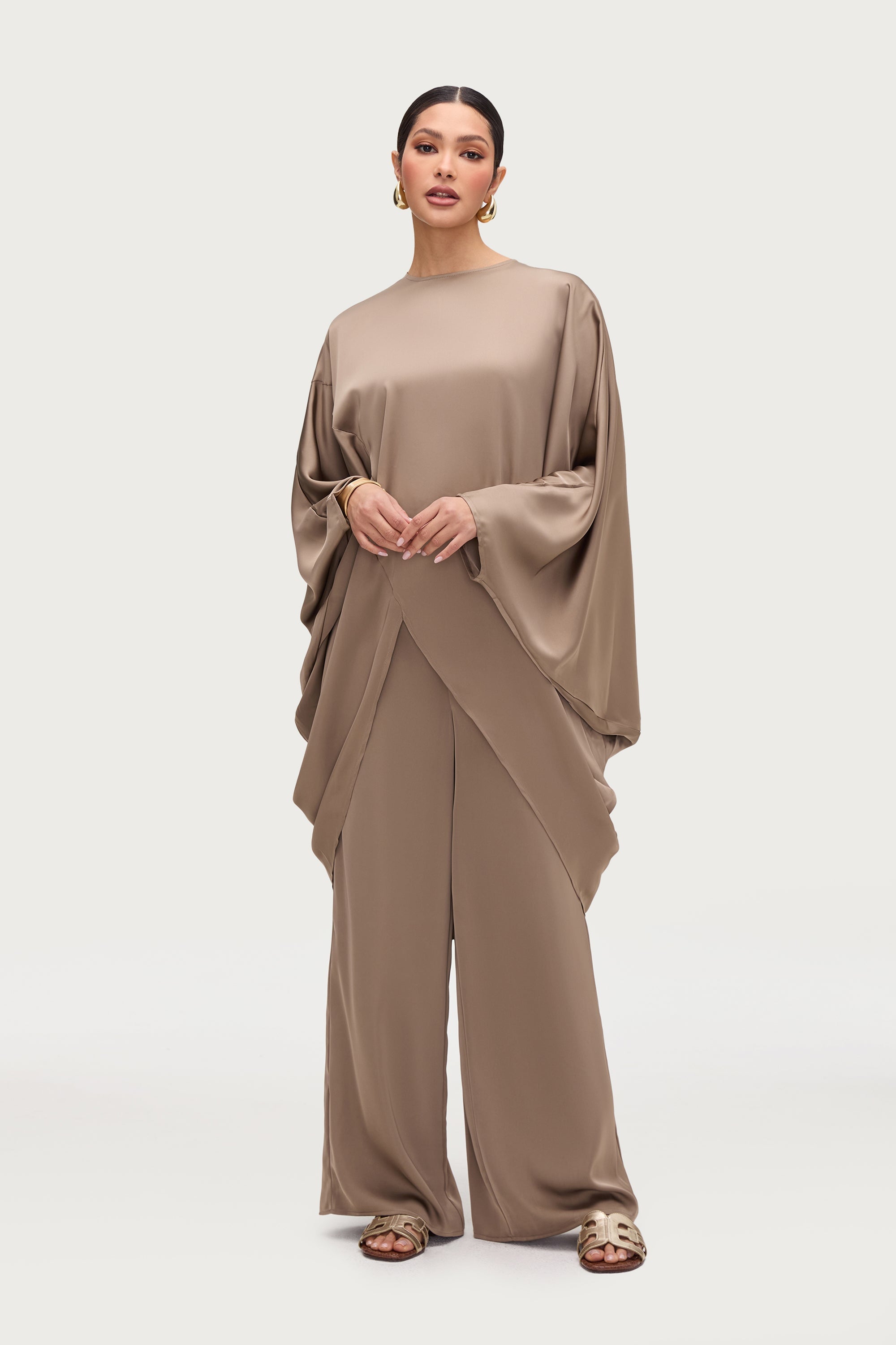 Ayat Asymmetric Satin Top - Truffle Tops Veiled Collection 