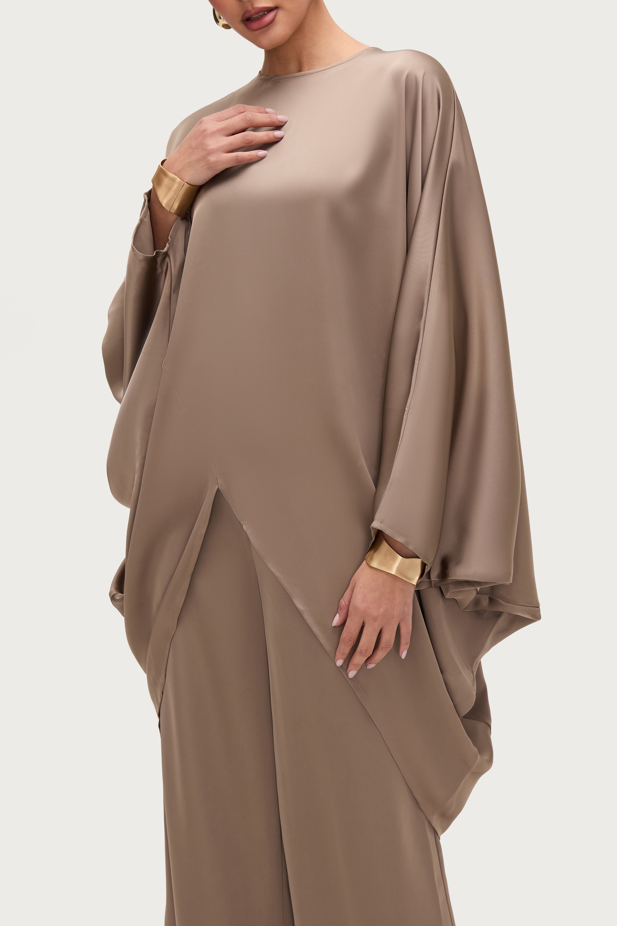 Ayat Asymmetric Satin Top - Truffle Tops Veiled Collection 