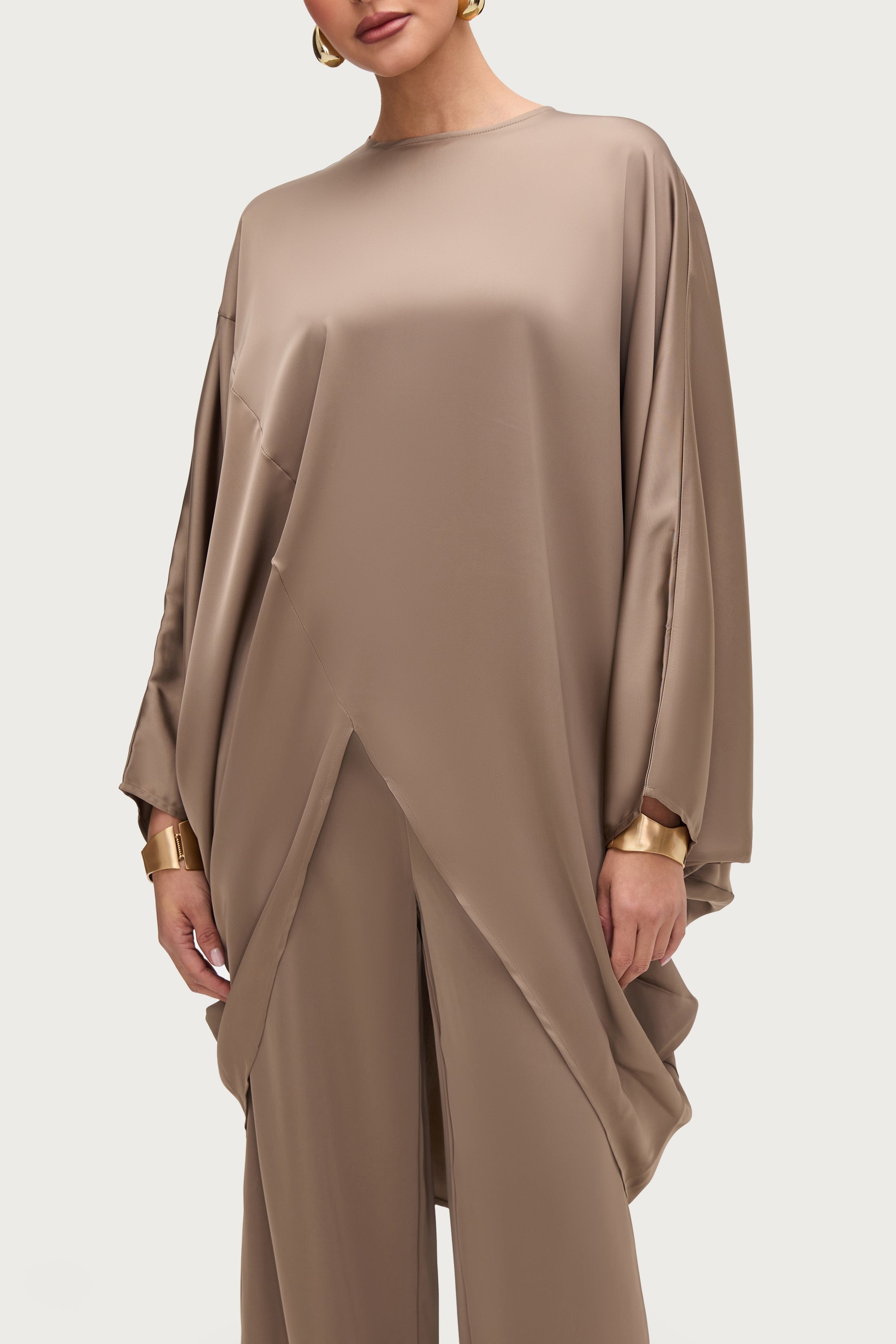 Ayat Asymmetric Satin Top - Truffle Tops Veiled Collection 