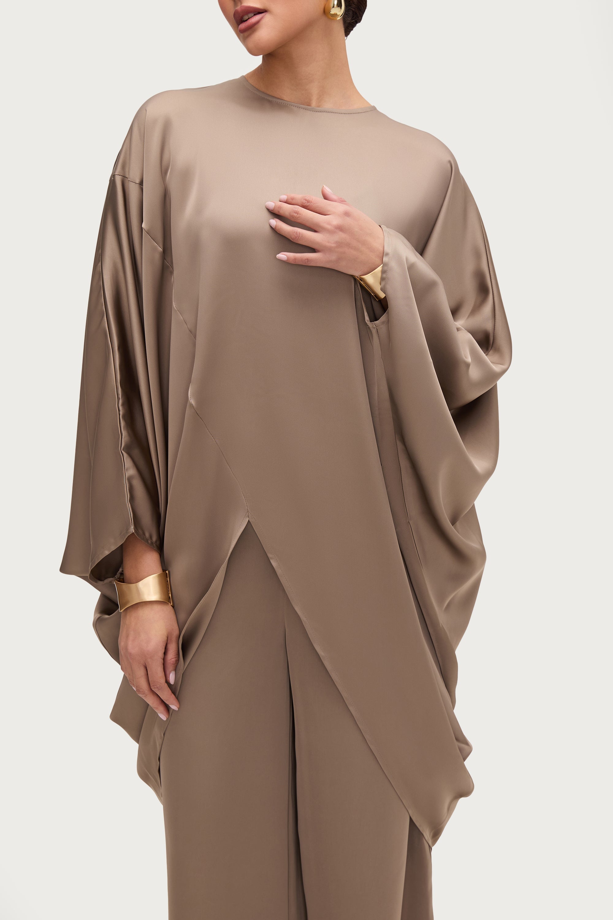 Ayat Asymmetric Satin Top - Truffle Tops Veiled Collection 