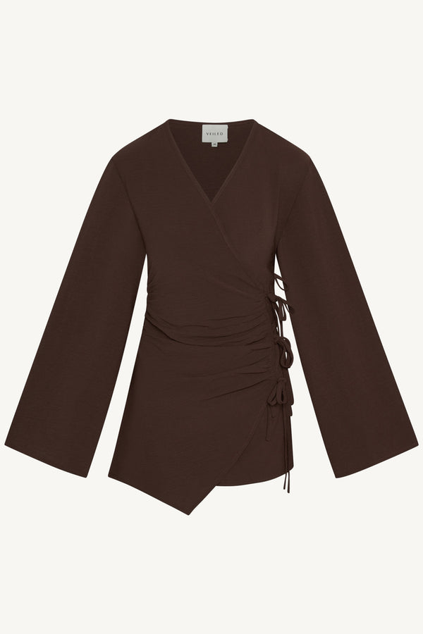 Ayla Asymmetric Tie Top - Chocolate Abayas Veiled 