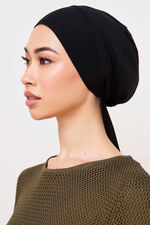 Bamboo Jersey Silk Lined Tie Back Undercap - Black Veiled 