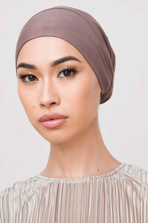 Bamboo Jersey Silk Lined Tie Back Undercap - Peppercorn Veiled 