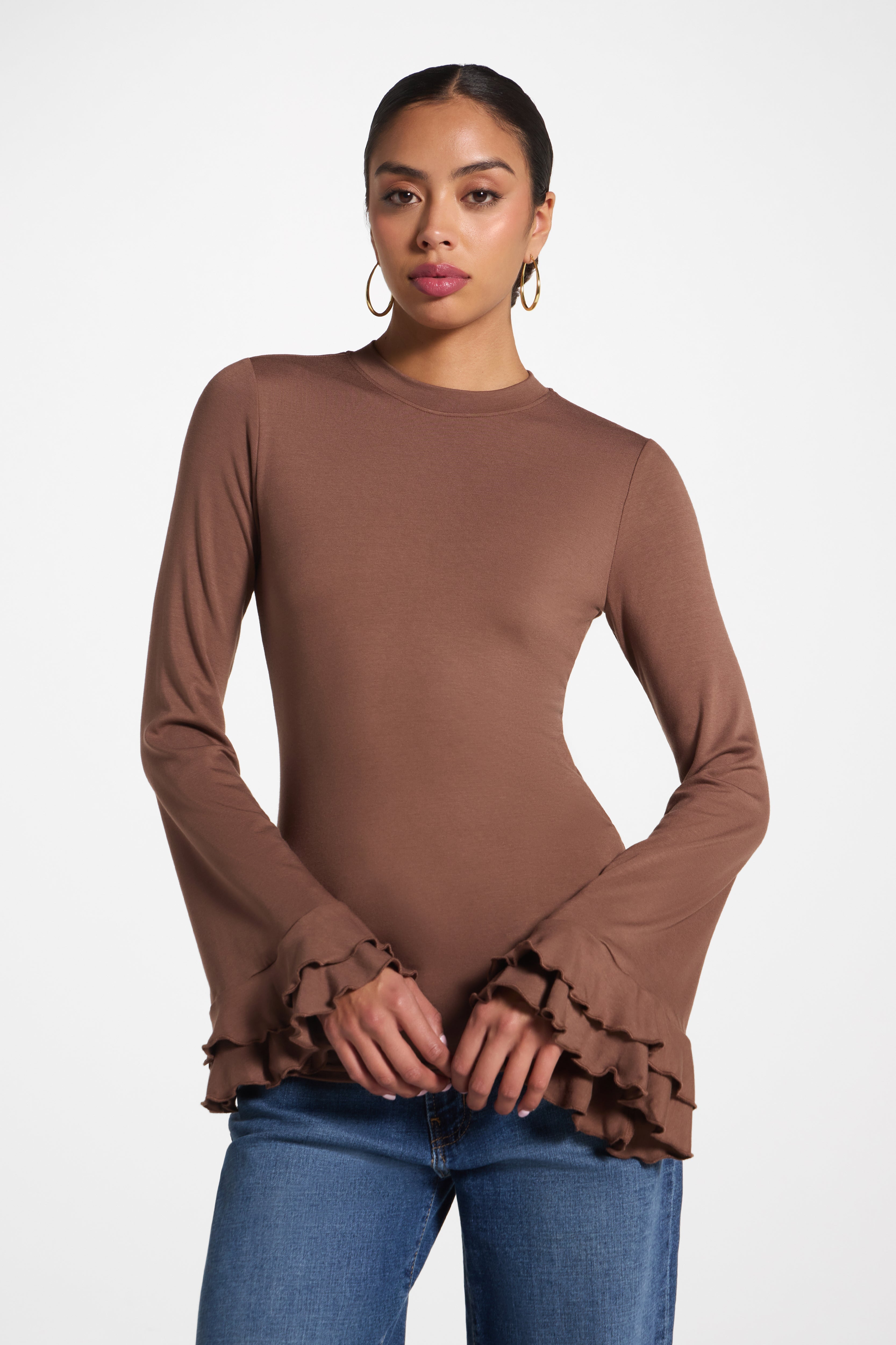 Bamboo Ruffle Flare Sleeve Top - Chocolate Abayas Veiled 