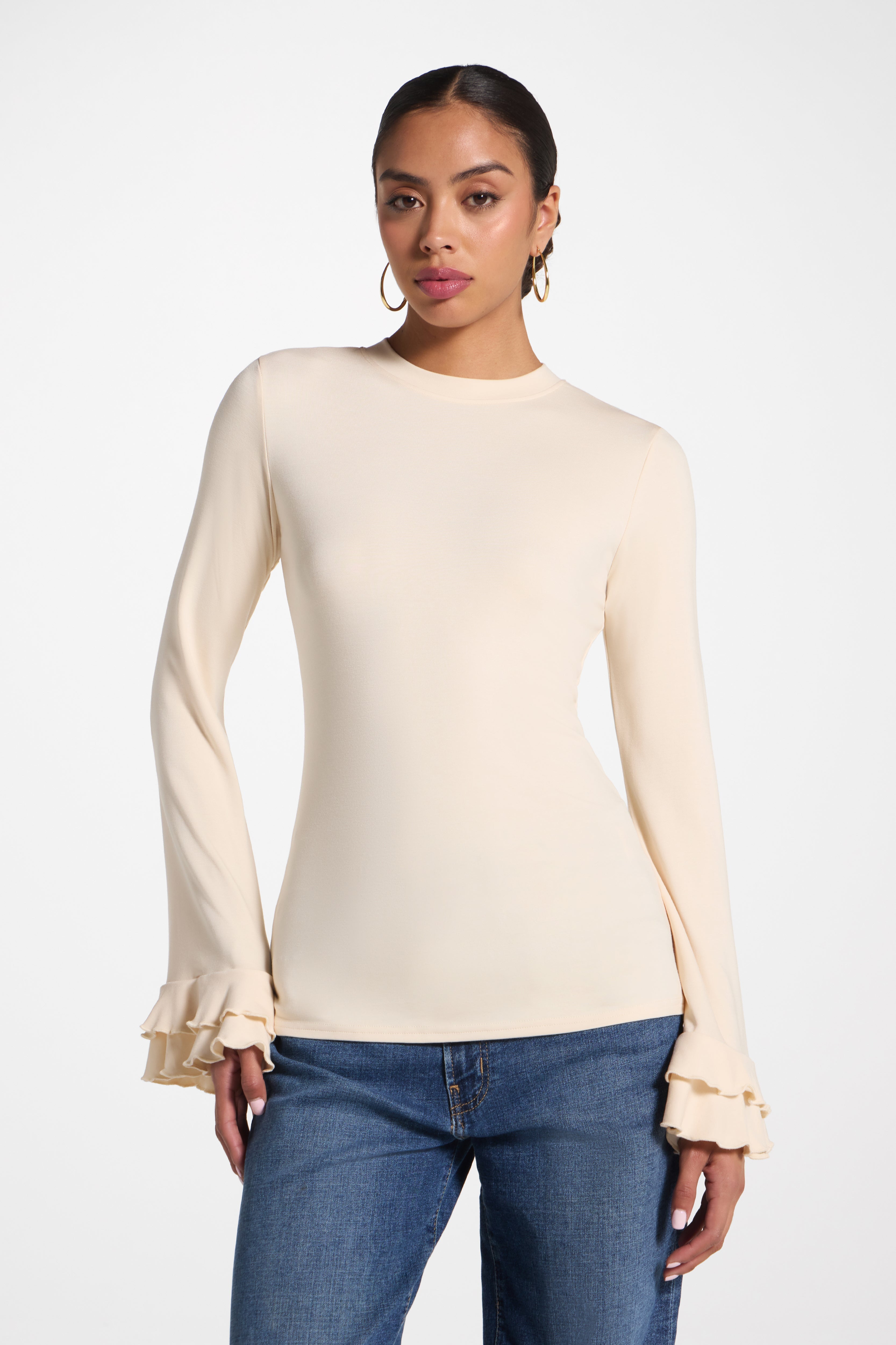 Bamboo Ruffle Flare Sleeve Top - Stone Abayas Veiled 
