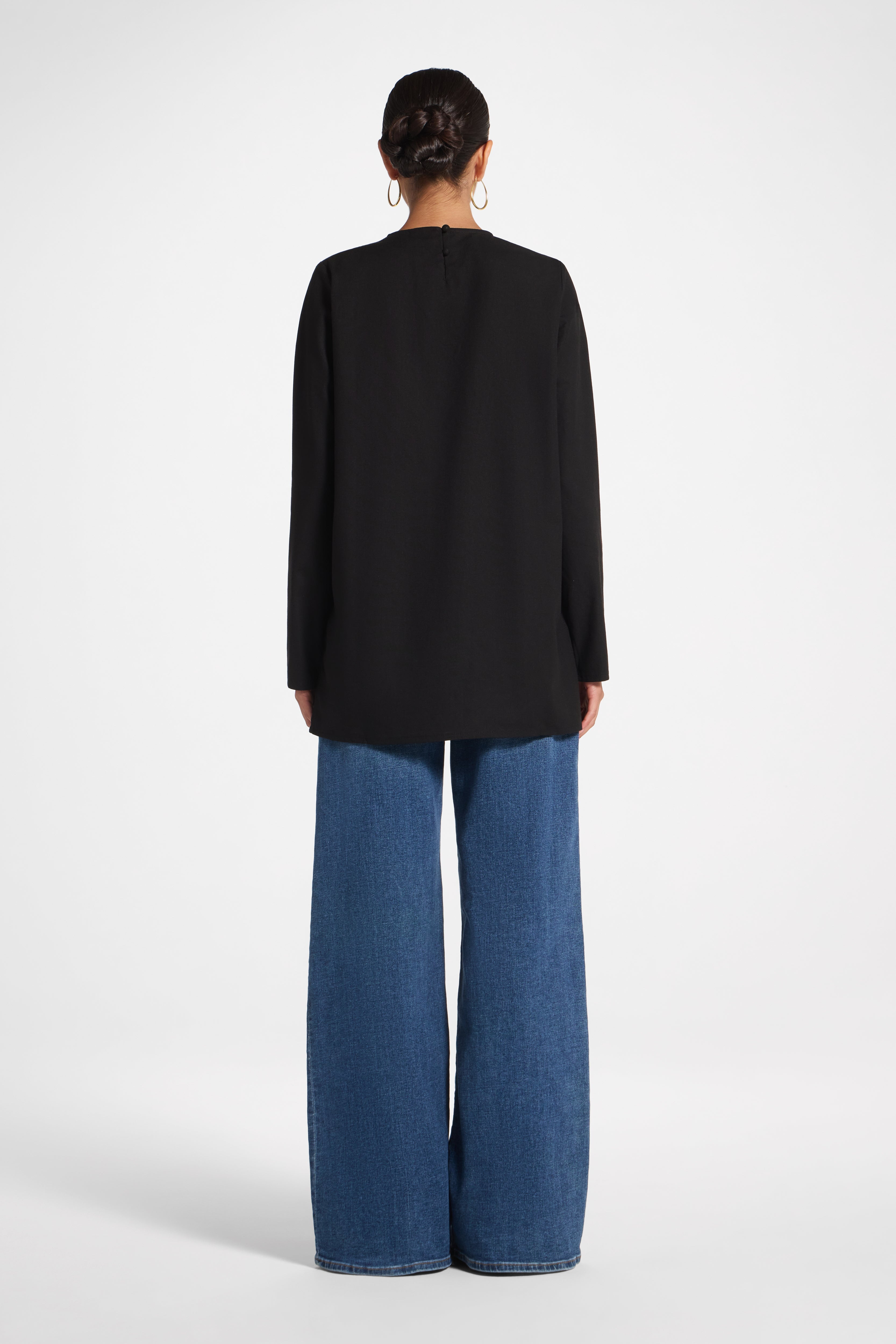 Basic Cotton Linen Long Sleeve Top - Black Top Veiled 