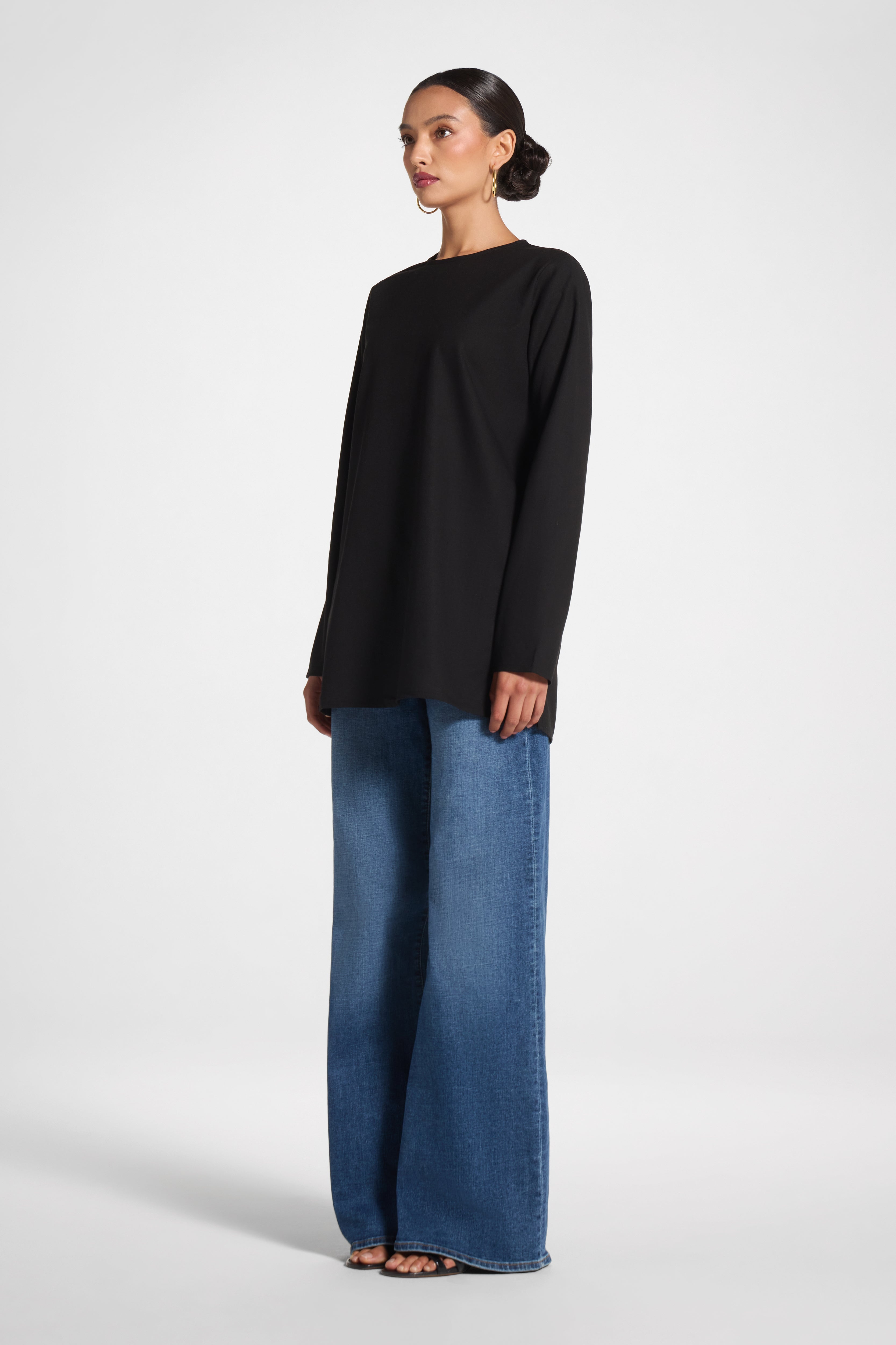 Basic Cotton Linen Long Sleeve Top - Black Top Veiled 