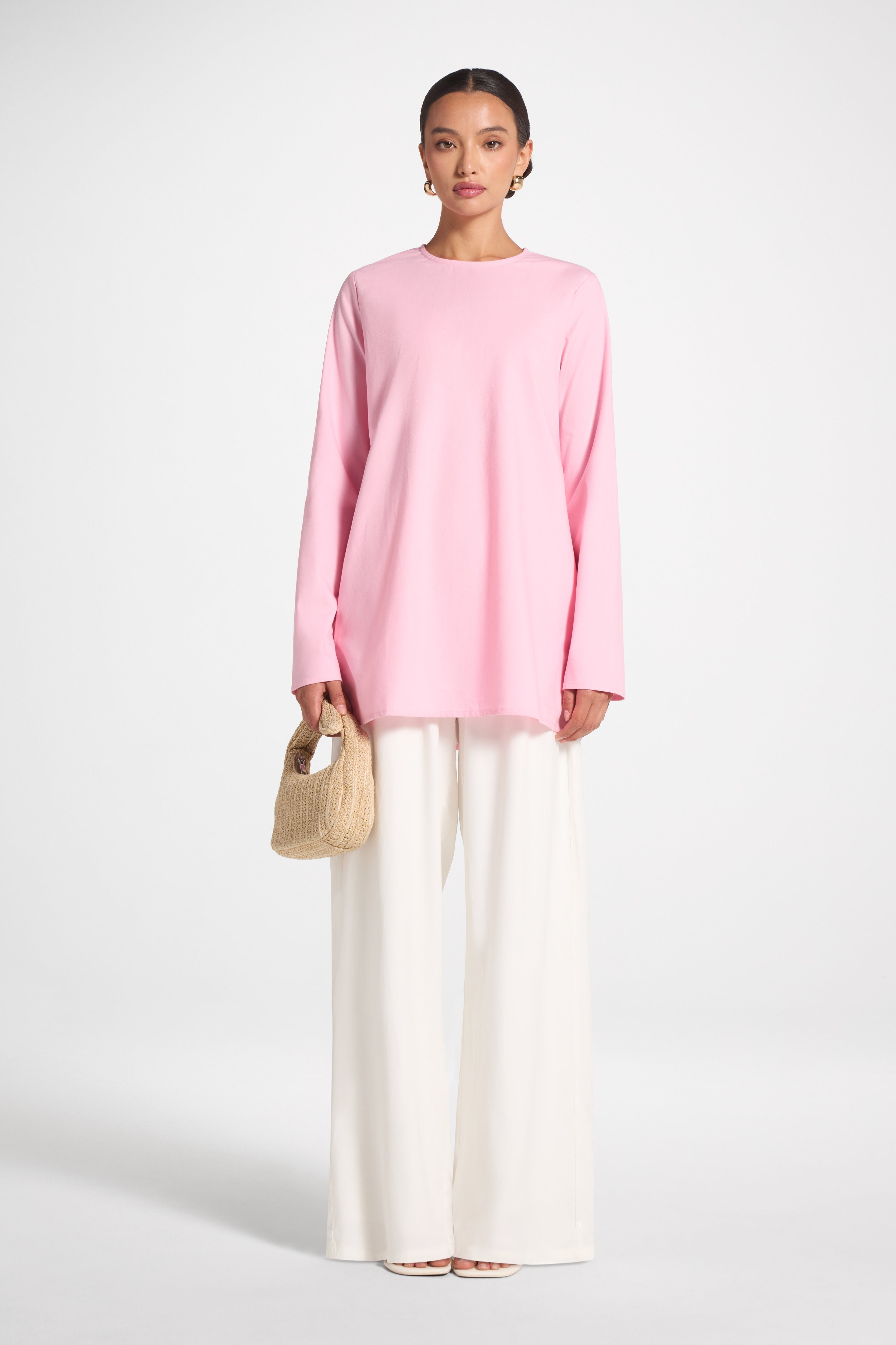 Basic Cotton Linen Long Sleeve Top - Pink Top Veiled 