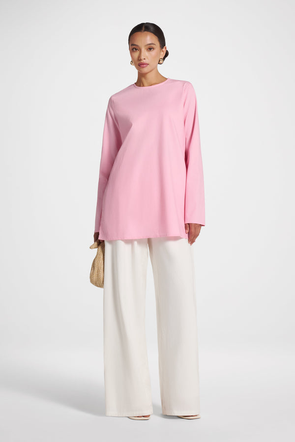 Basic Cotton Linen Long Sleeve Top - Pink Top Veiled 