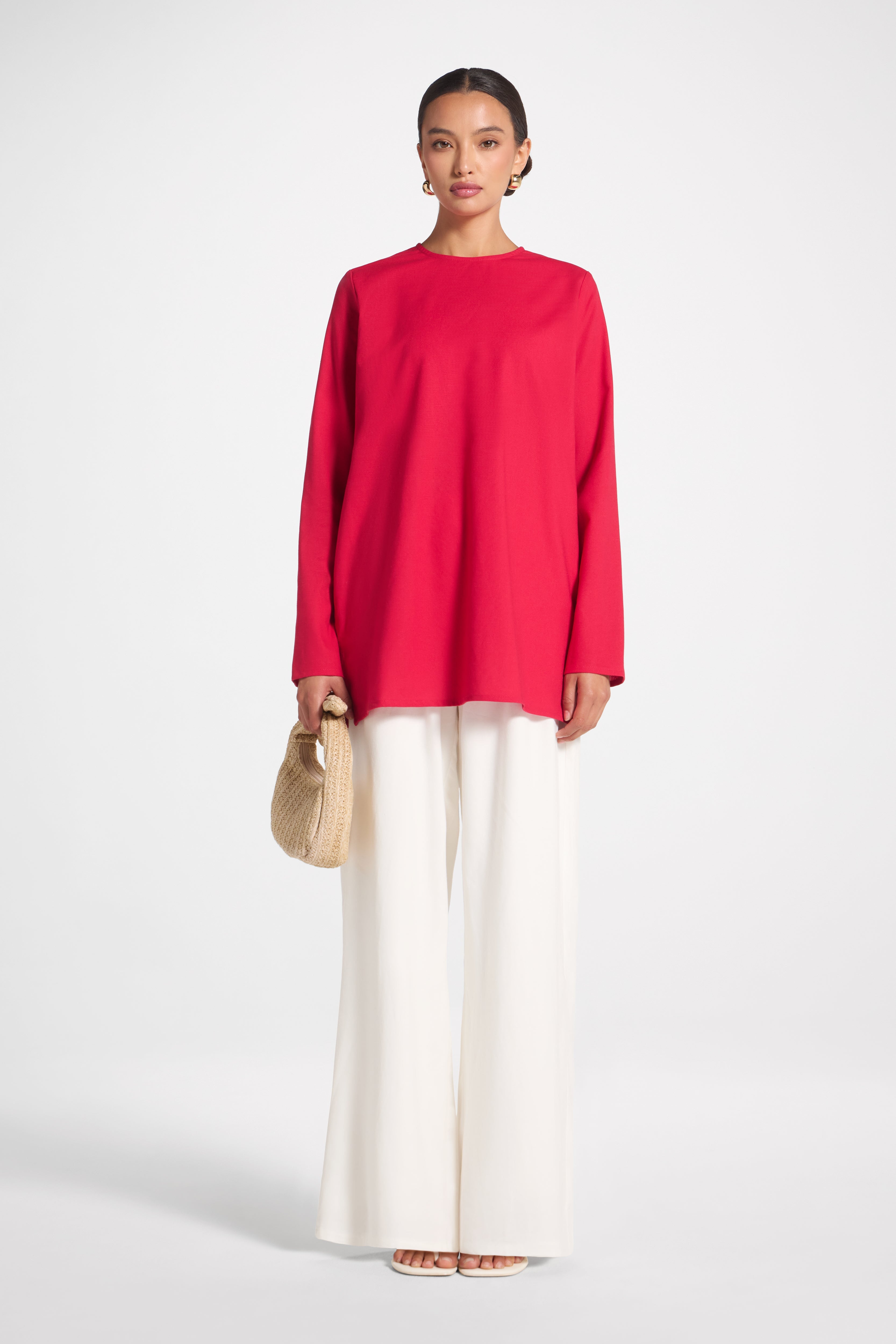 Basic Cotton Linen Long Sleeve Top - Strawberry Top Veiled 