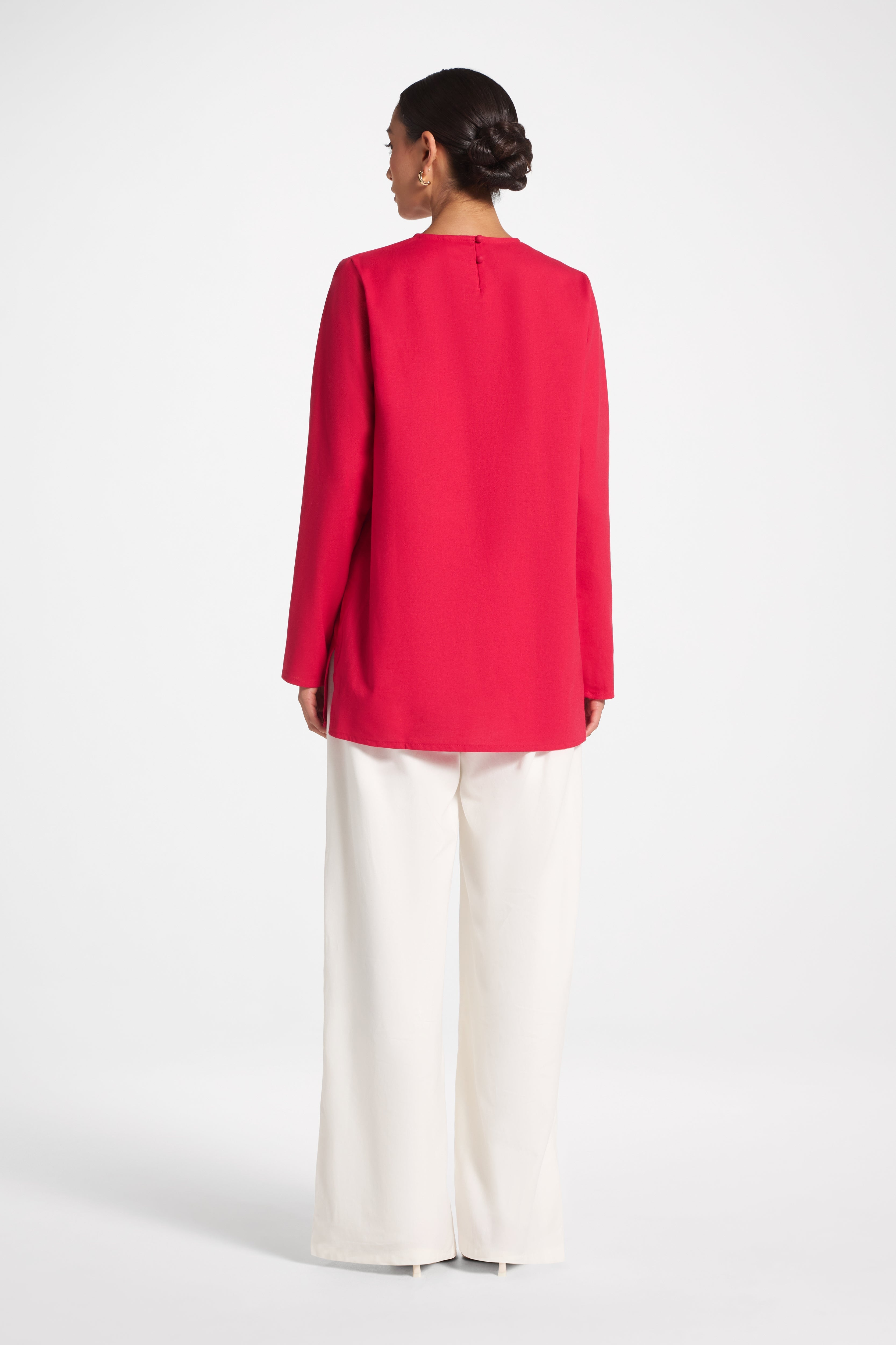 Basic Cotton Linen Long Sleeve Top - Strawberry Top Veiled 