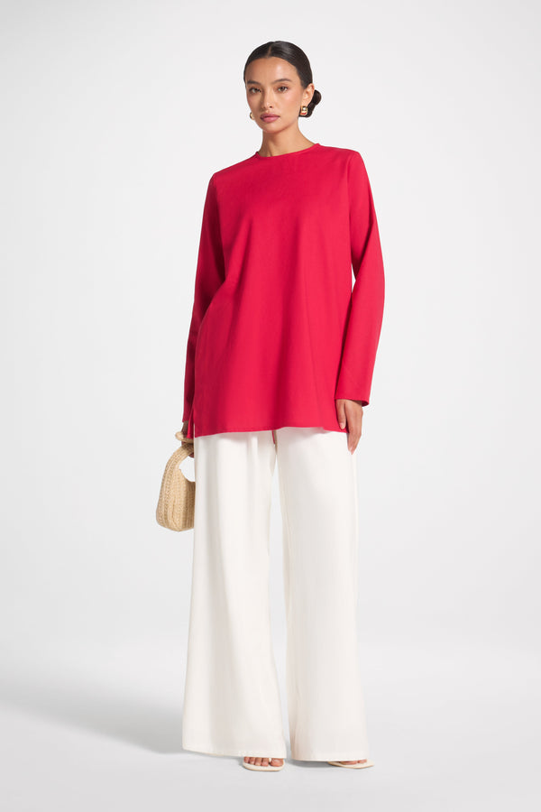 Basic Cotton Linen Long Sleeve Top - Strawberry Top Veiled 