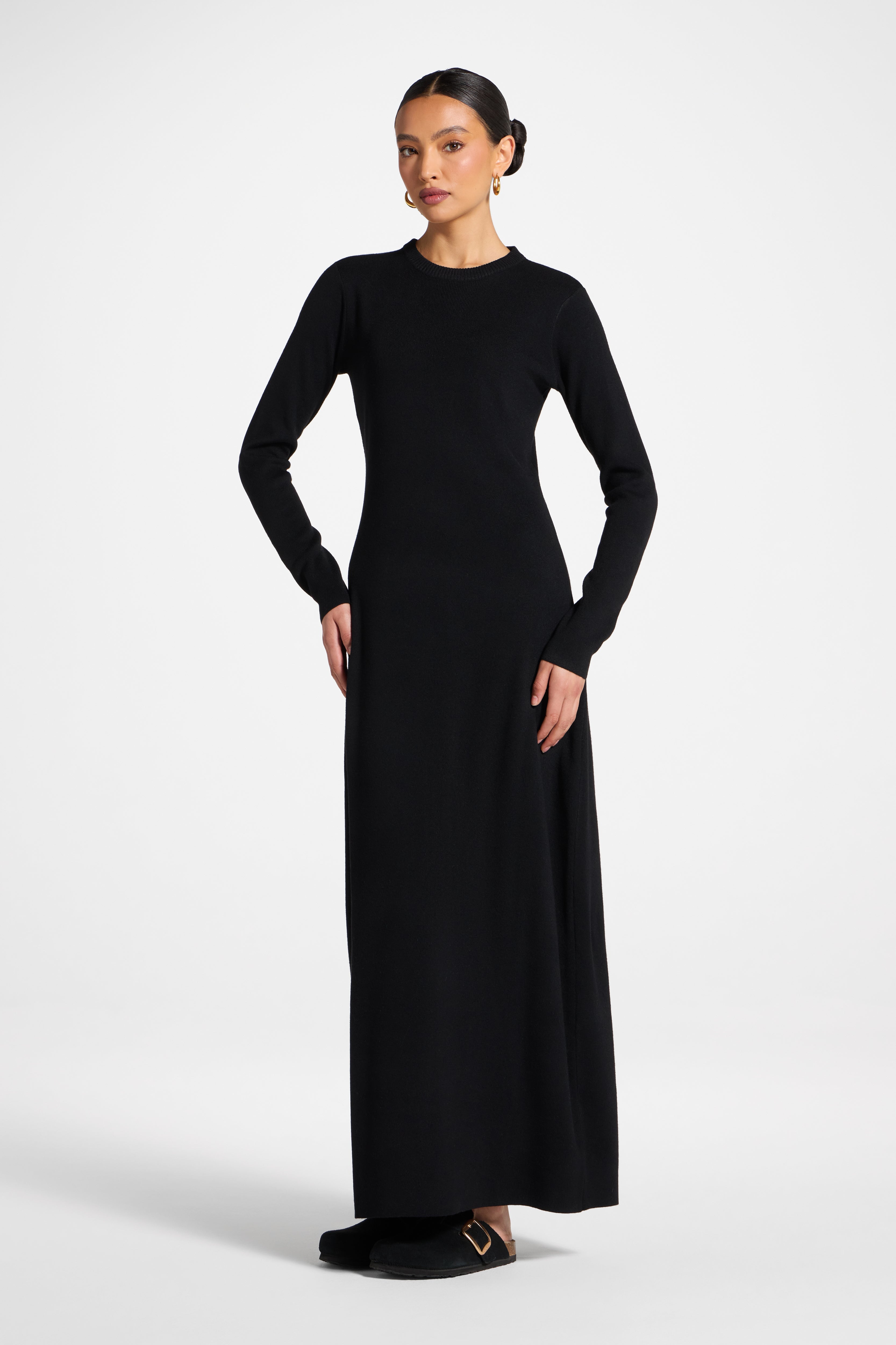 Basic Ribbed Knit Maxi Dress - Black Abayas Veiled 