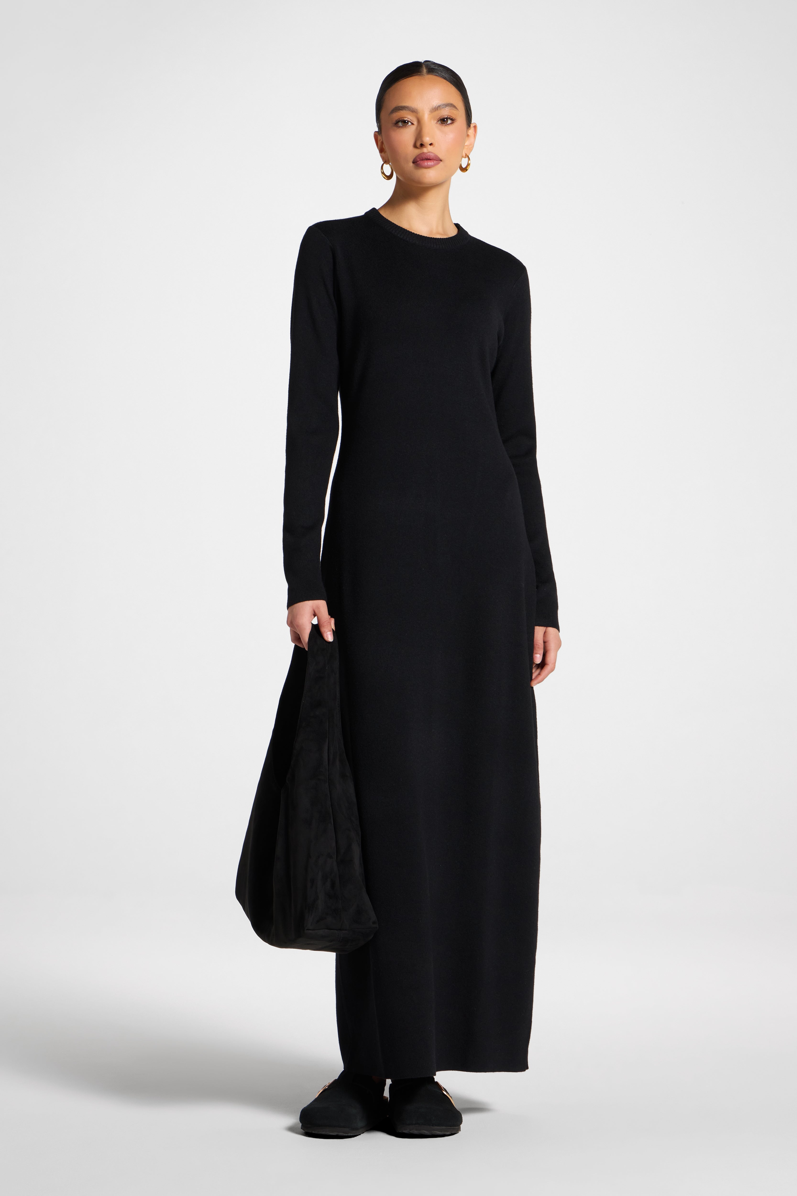 Basic Ribbed Knit Maxi Dress - Black Abayas Veiled 