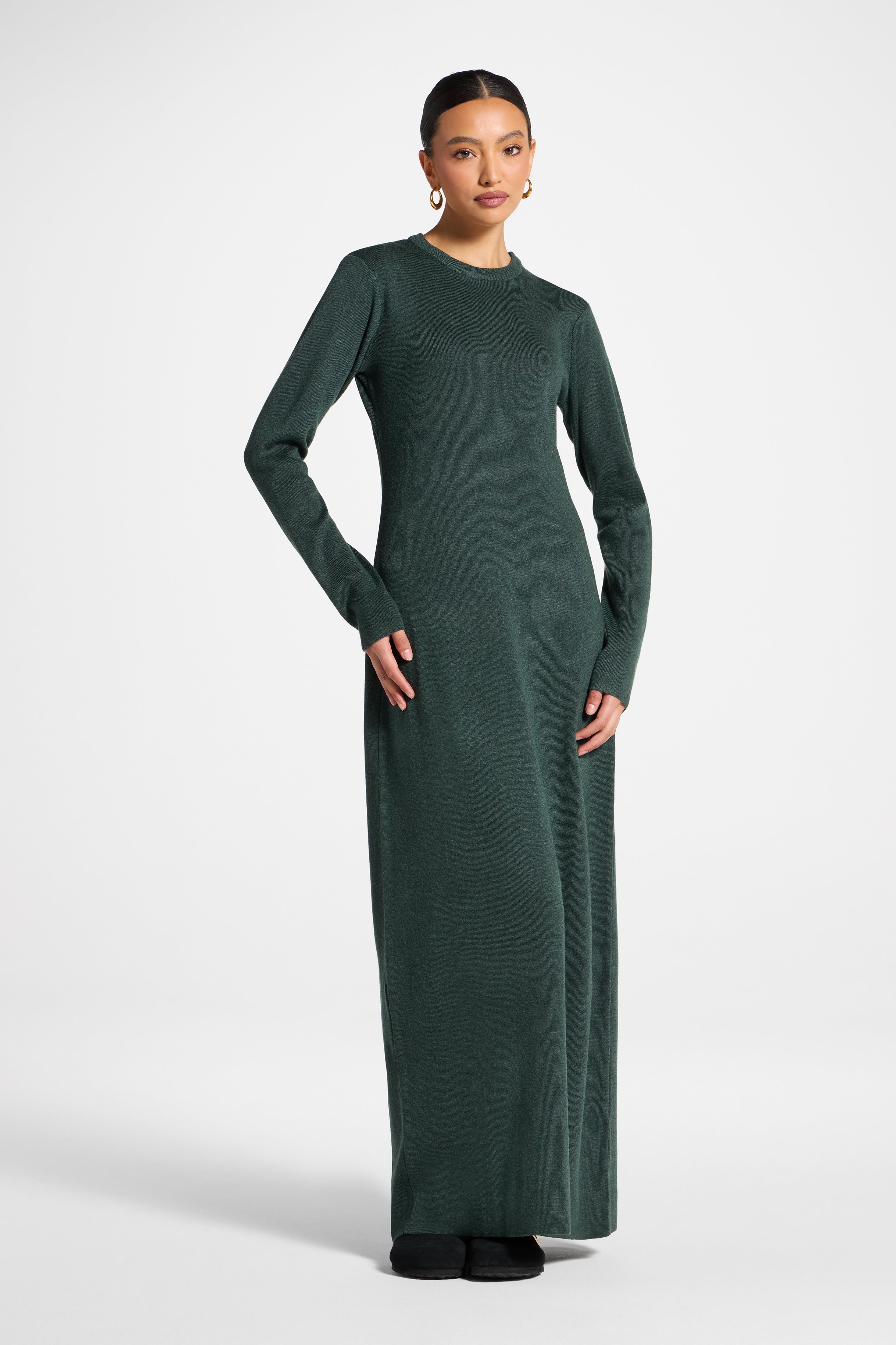 Basic Ribbed Knit Maxi Dress - Dark Forest Abayas Veiled 