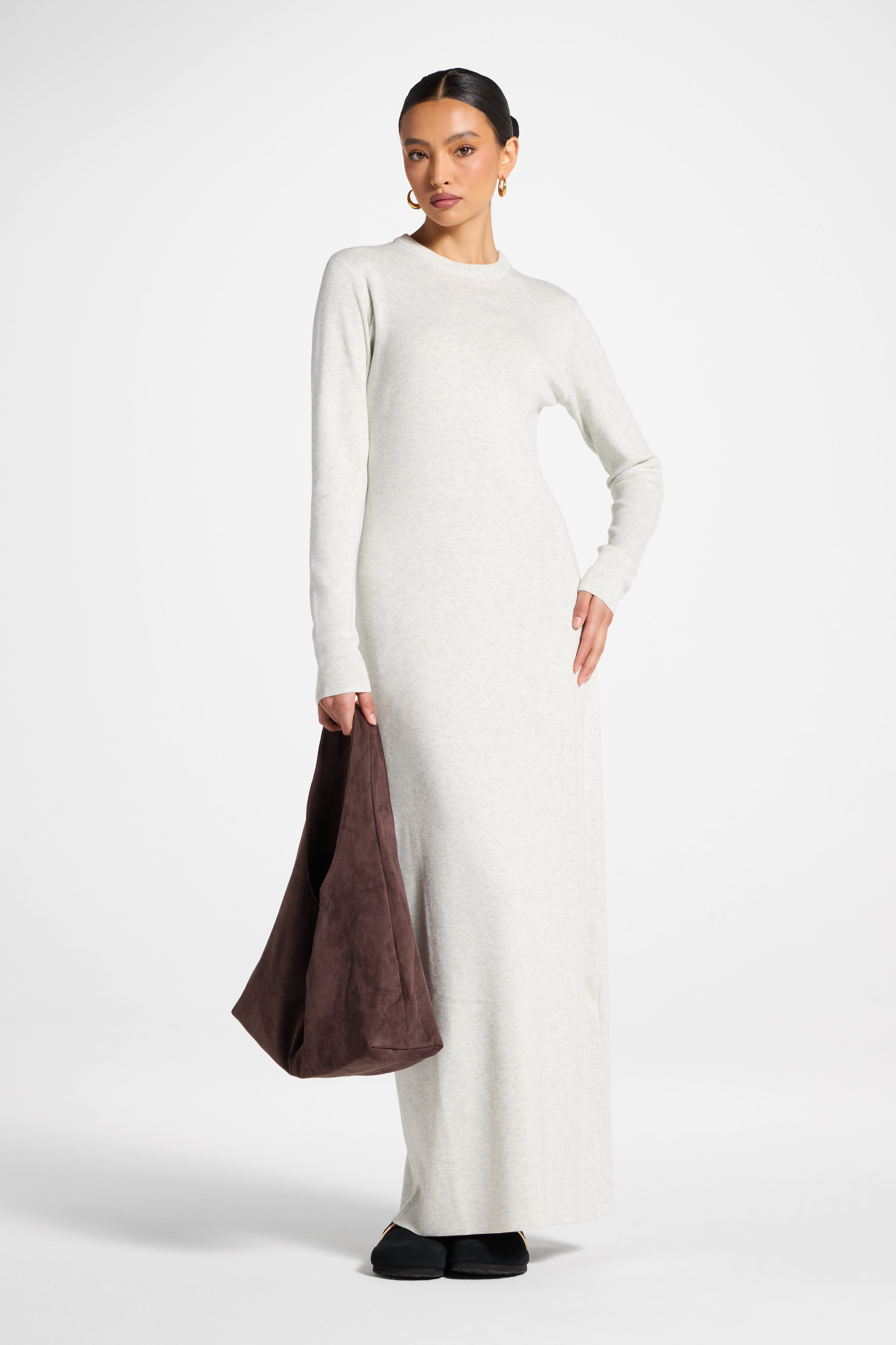 Basic Ribbed Knit Maxi Dress - Heather Grey Abayas Veiled 