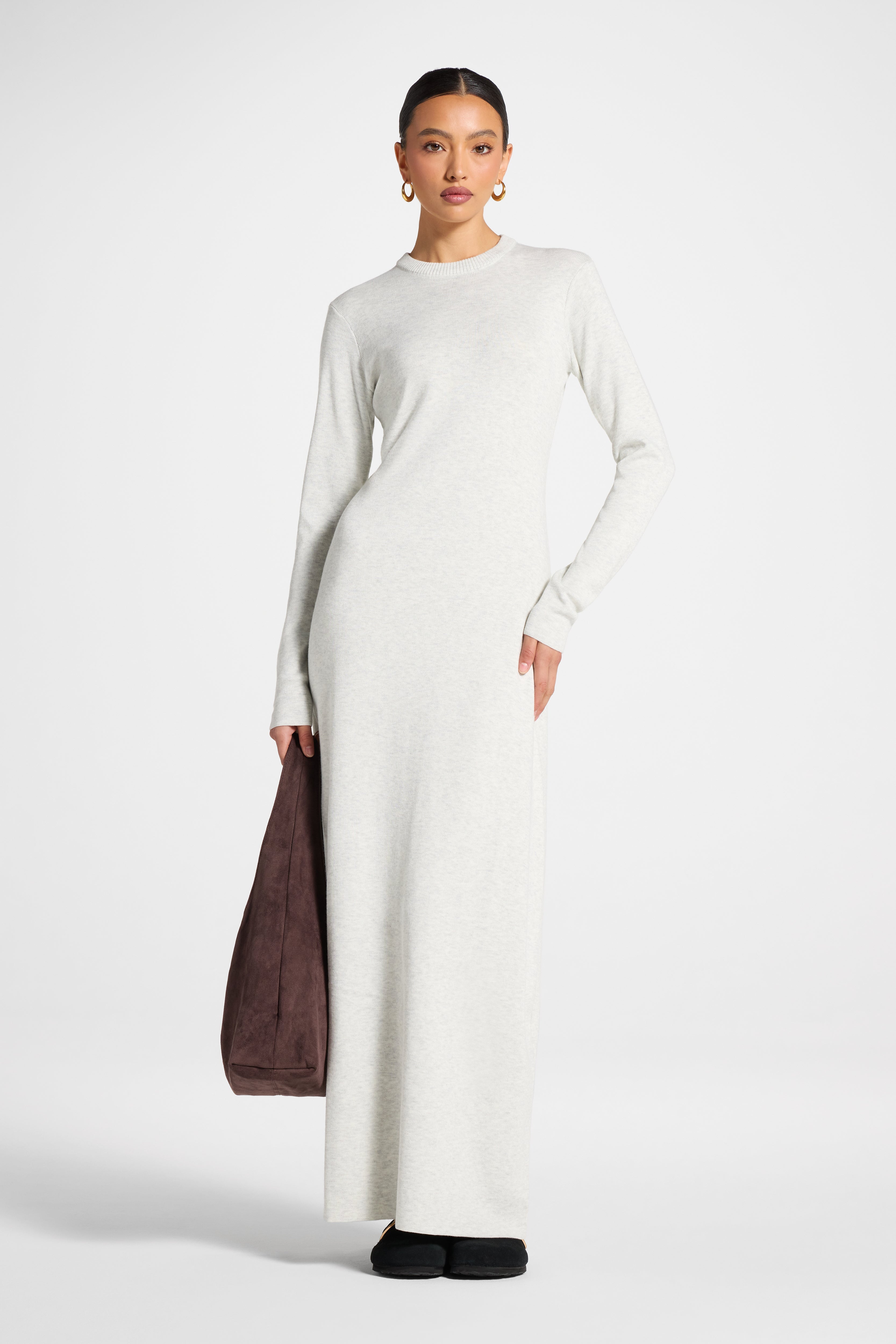 Basic Ribbed Knit Maxi Dress - Heather Grey Abayas Veiled 