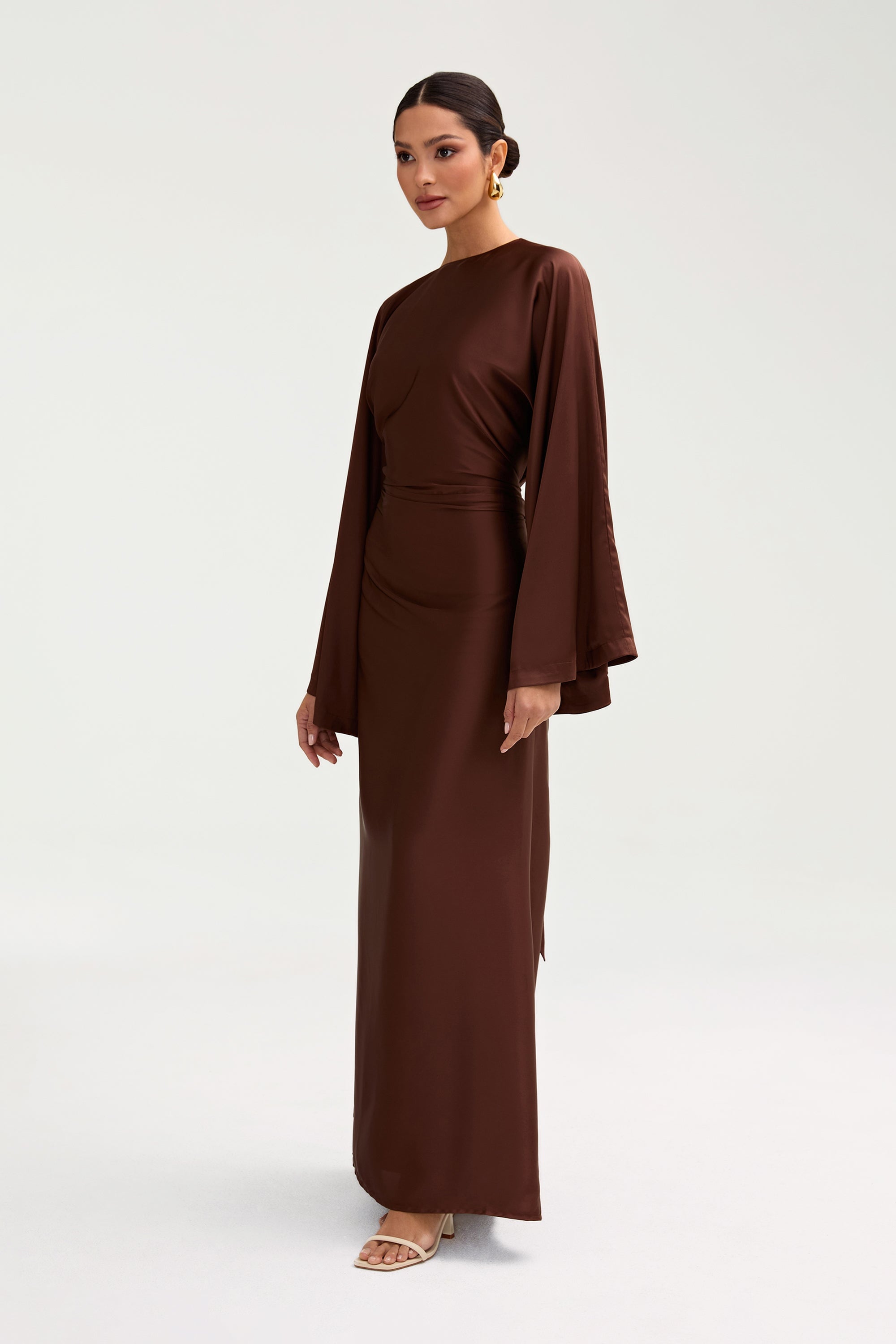 Batool Satin Maxi Dress - Chocolate Clothing Veiled 