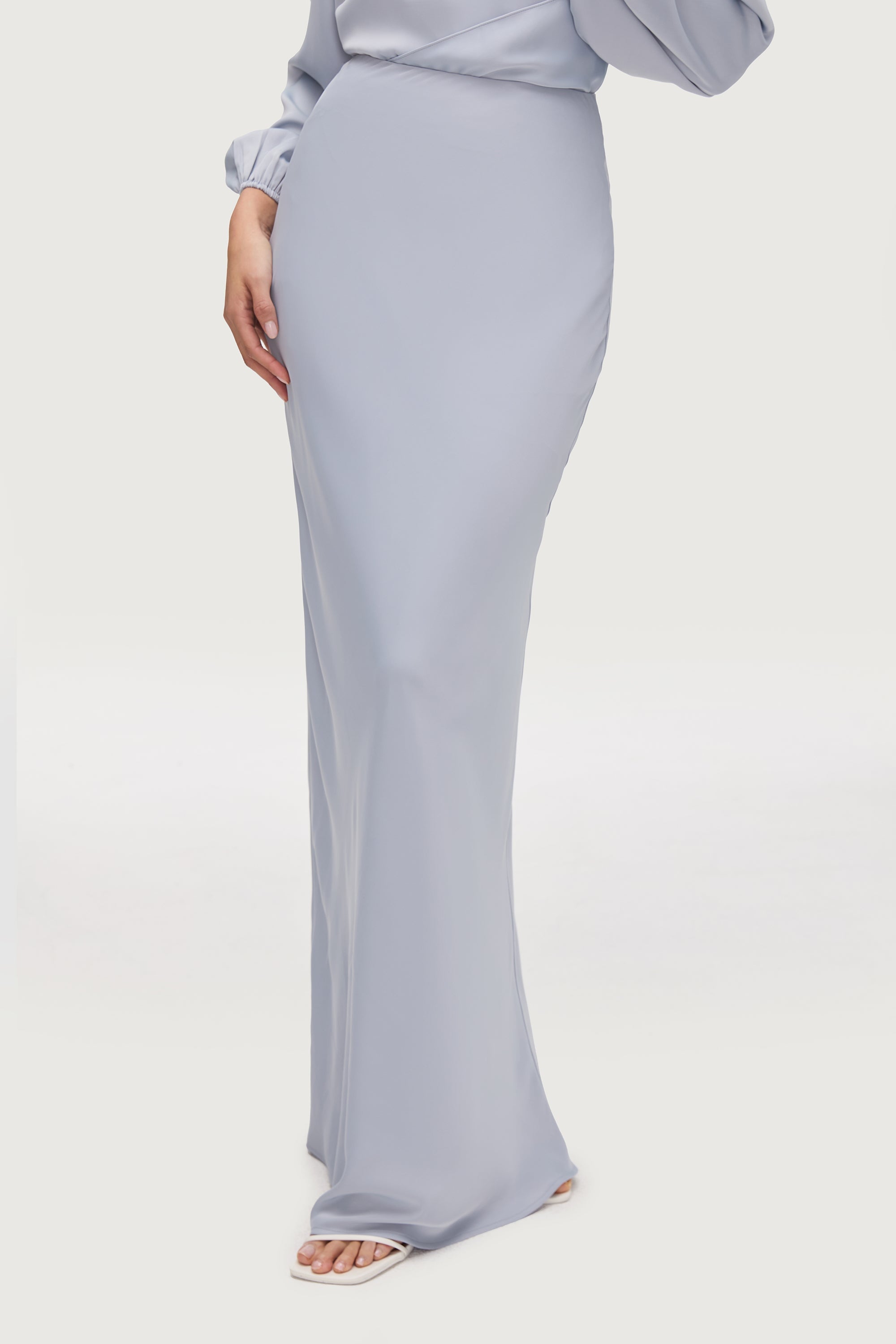 Bella Satin Maxi Skirt - Powder Blue Bottoms Veiled Collection 