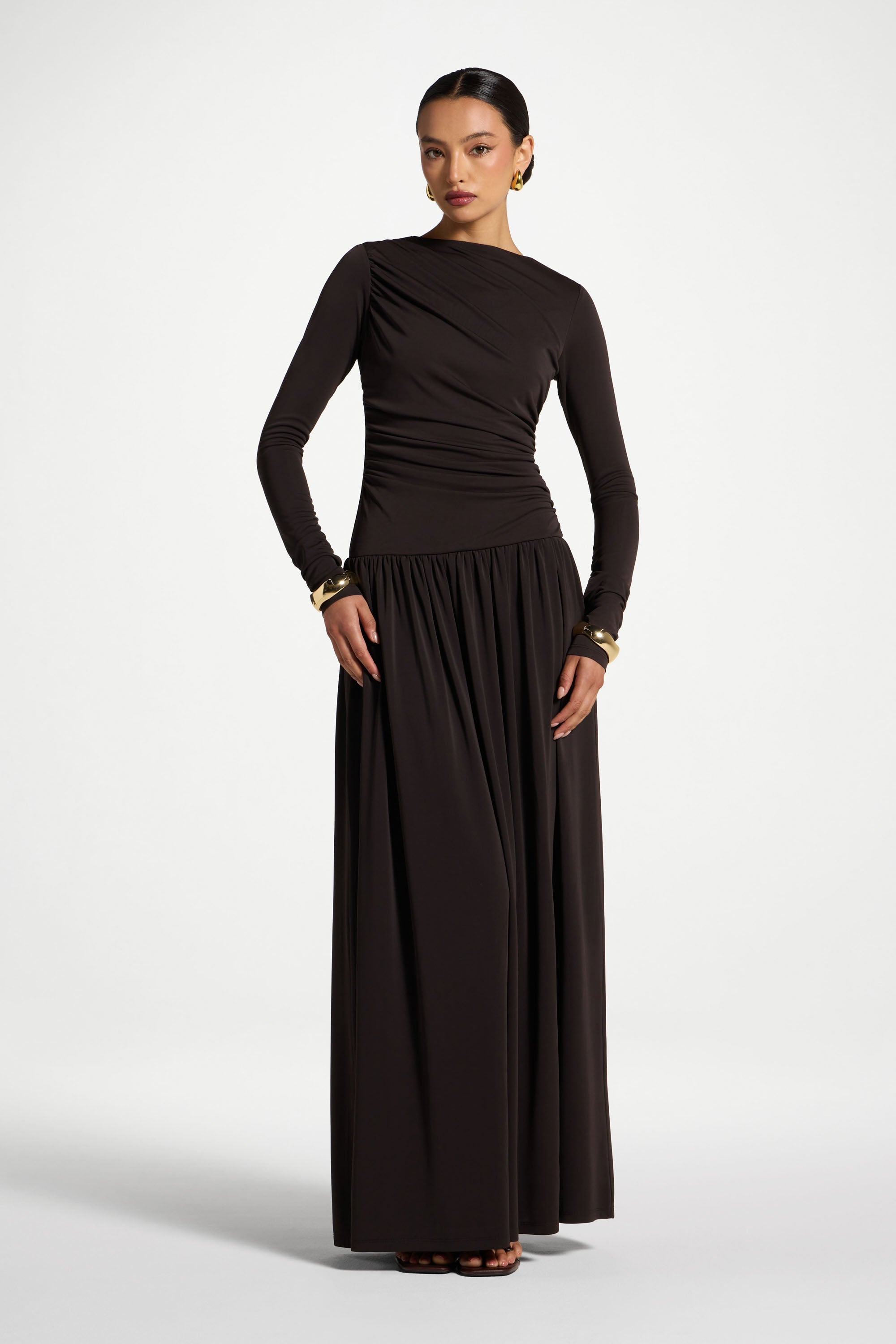 Boat Neck Rouched Maxi Dress - Chocolate Torte Abayas Veiled 