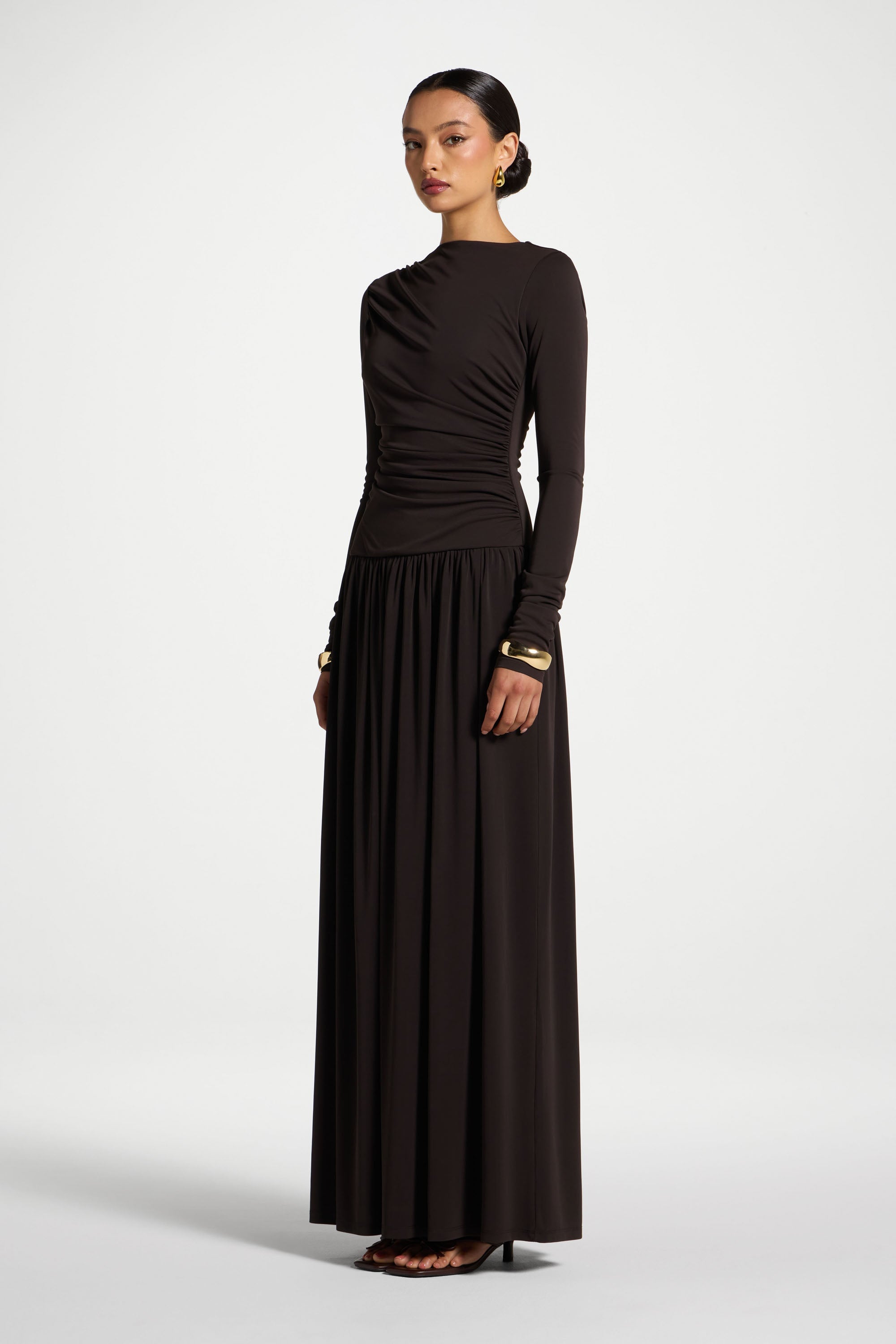 Boat Neck Rouched Maxi Dress - Chocolate Torte Abayas Veiled 