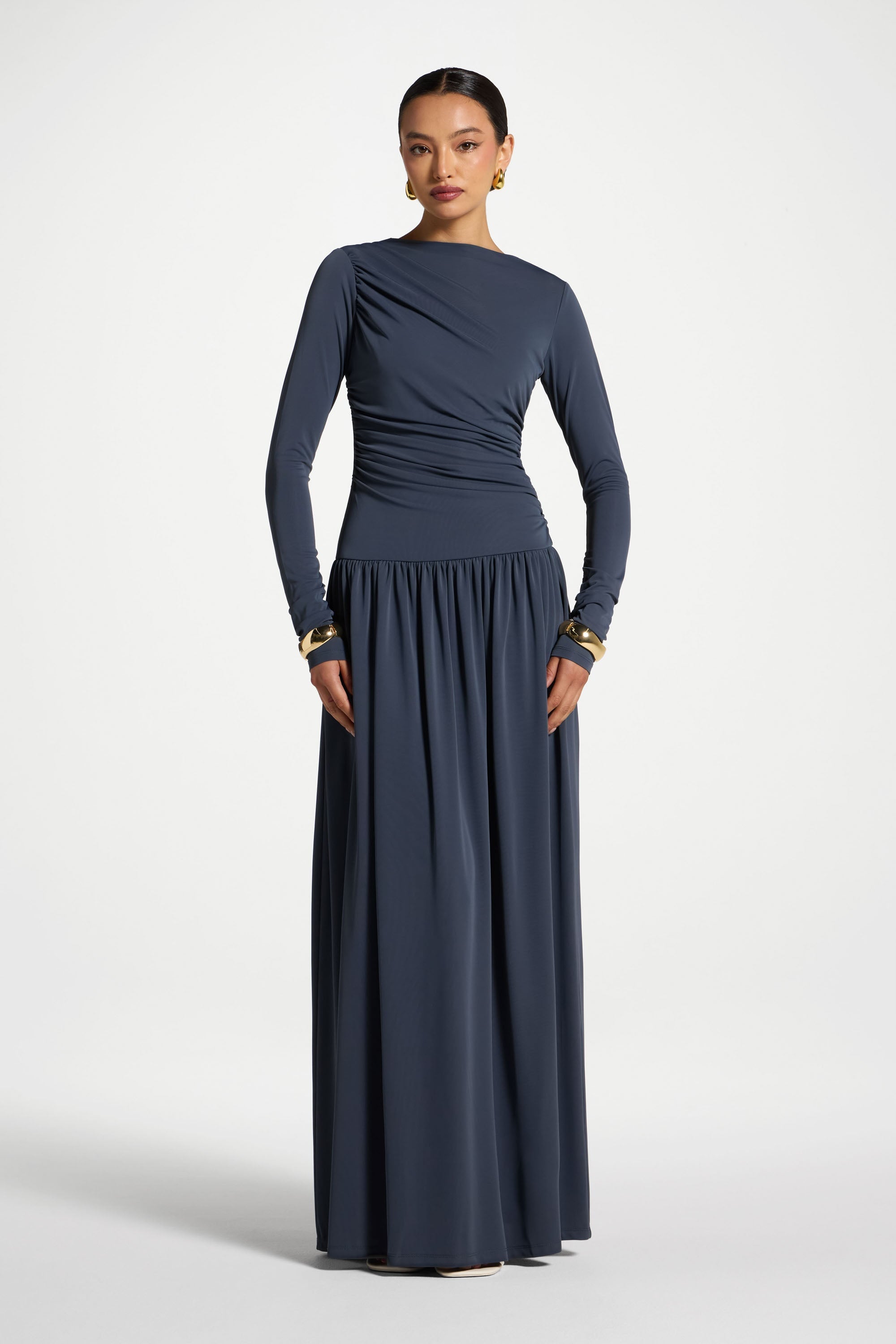 Boat Neck Rouched Maxi Dress - Dusk Abayas Veiled 