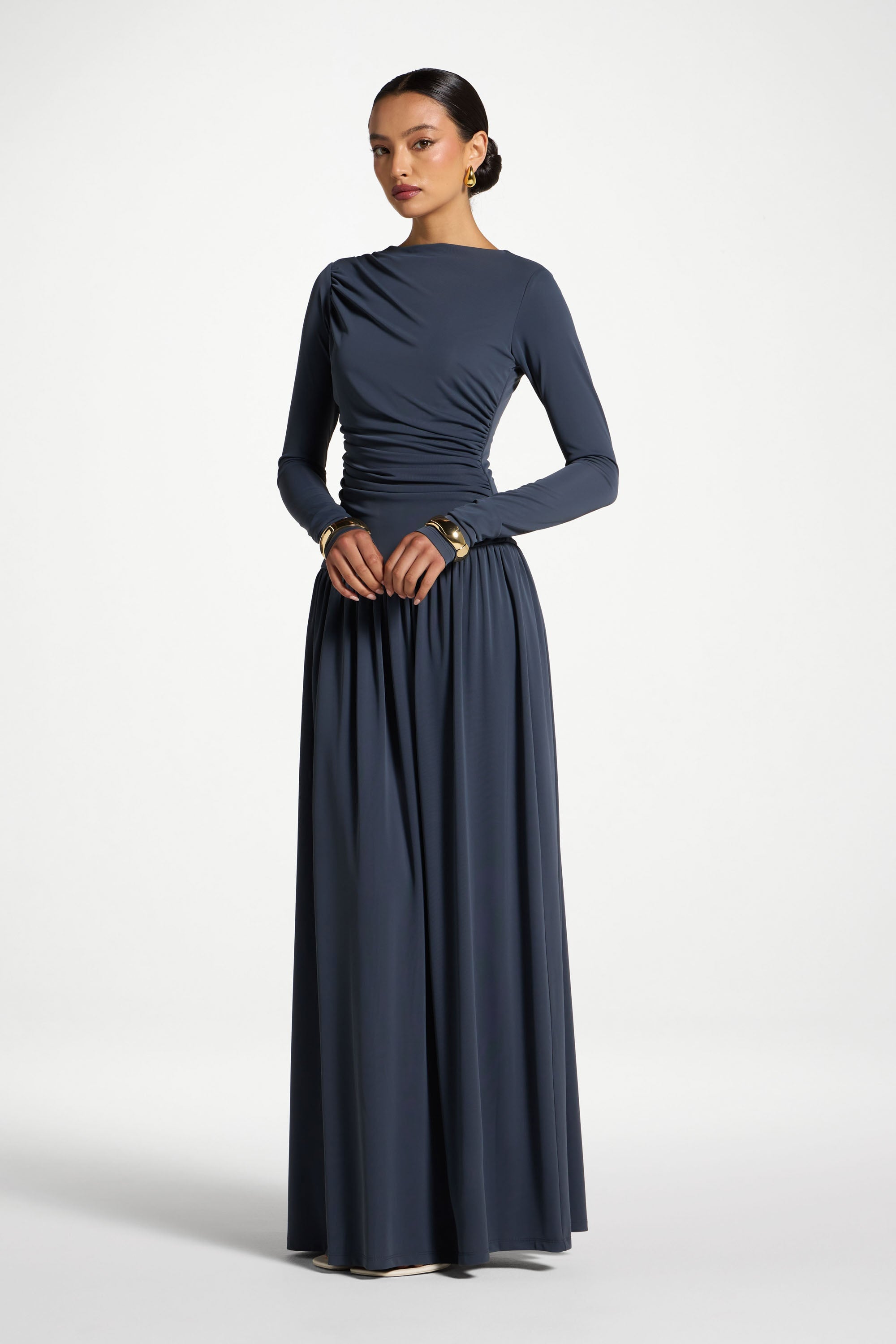 Boat Neck Rouched Maxi Dress - Dusk Abayas Veiled 