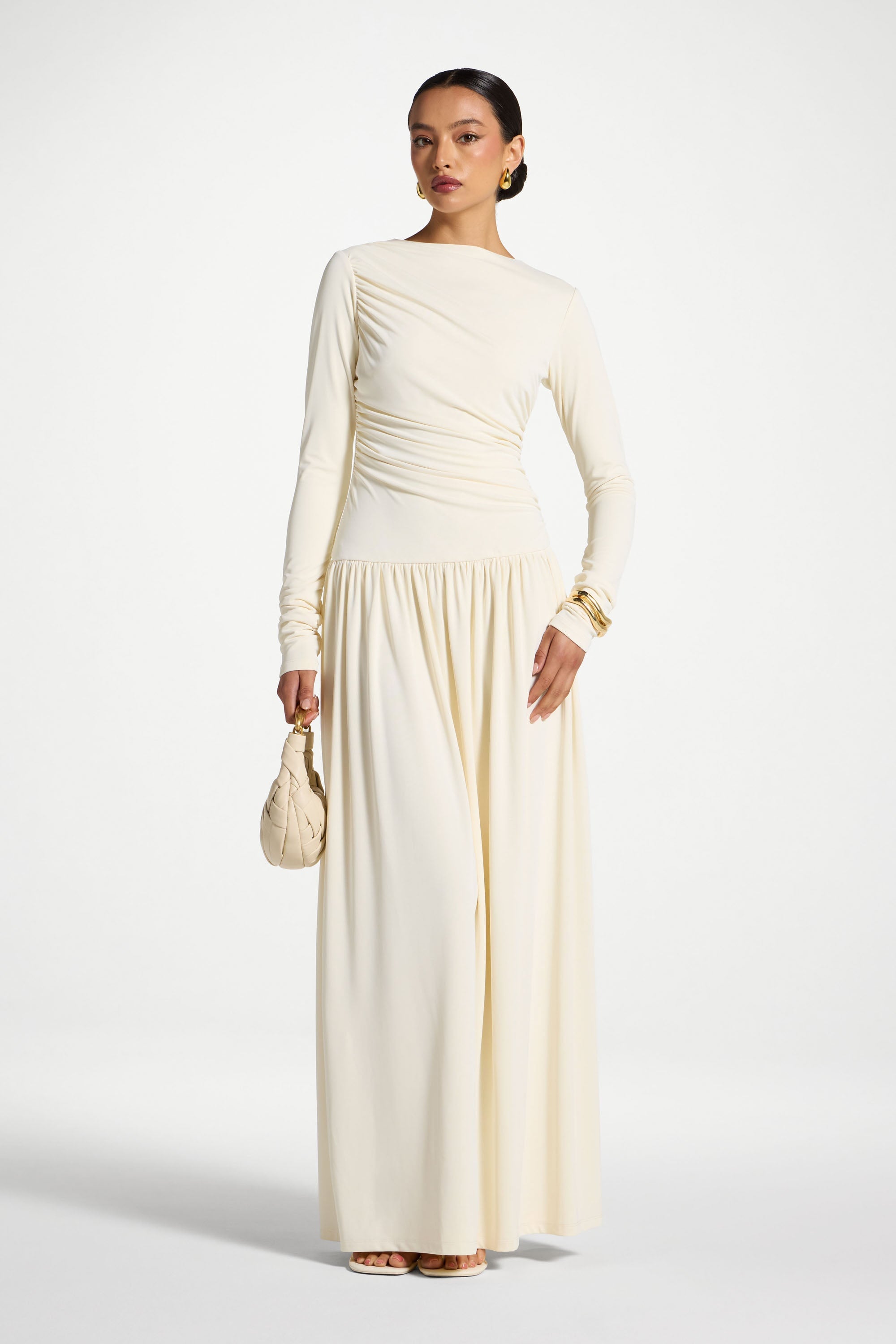 Boat Neck Rouched Maxi Dress - Ivory Abayas Veiled 