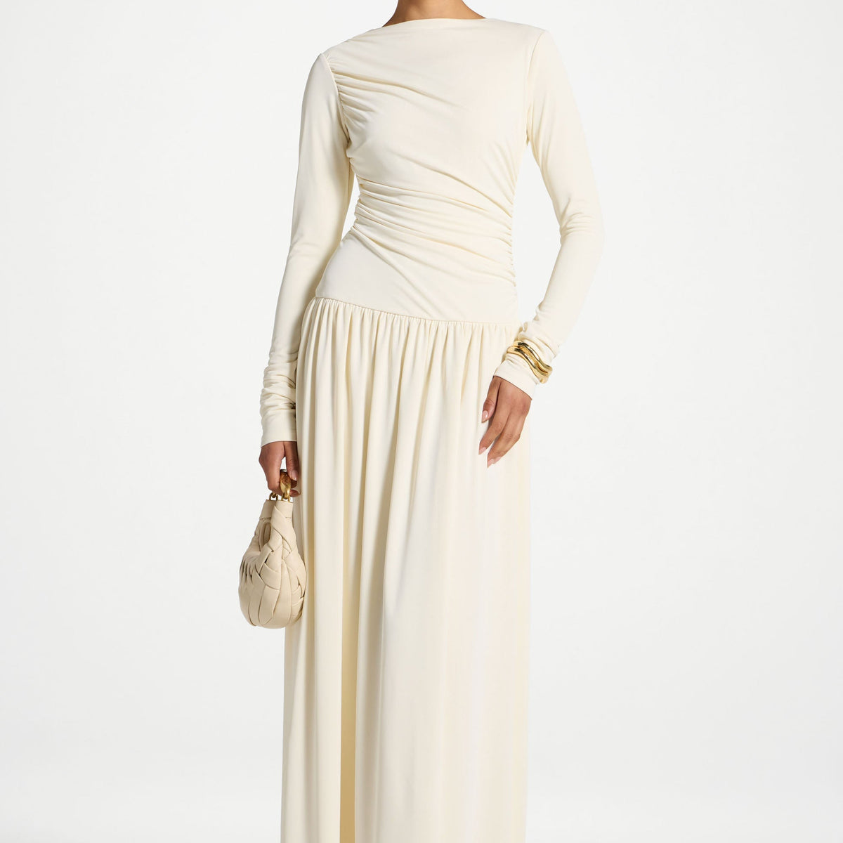 boat neck maxi dress with sleeves Boat Neck Rouched Maxi Dress
