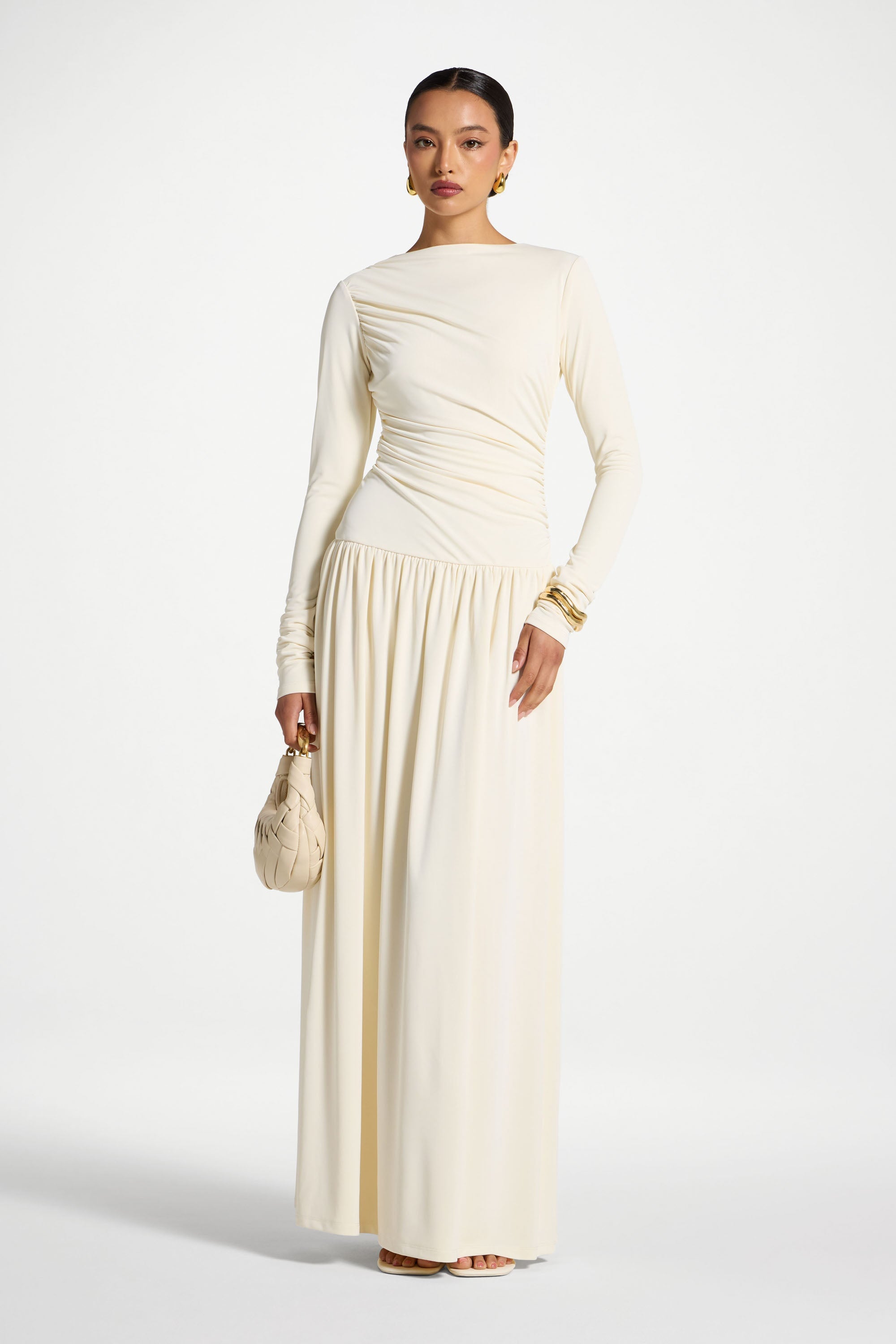 Boat Neck Rouched Maxi Dress - Ivory Abayas Veiled 