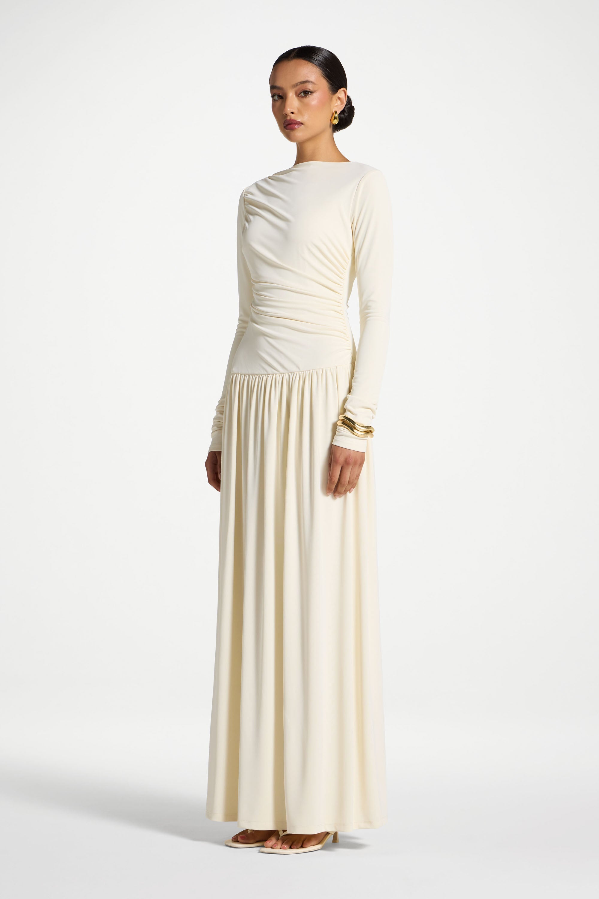 Boat Neck Rouched Maxi Dress - Ivory Abayas Veiled 