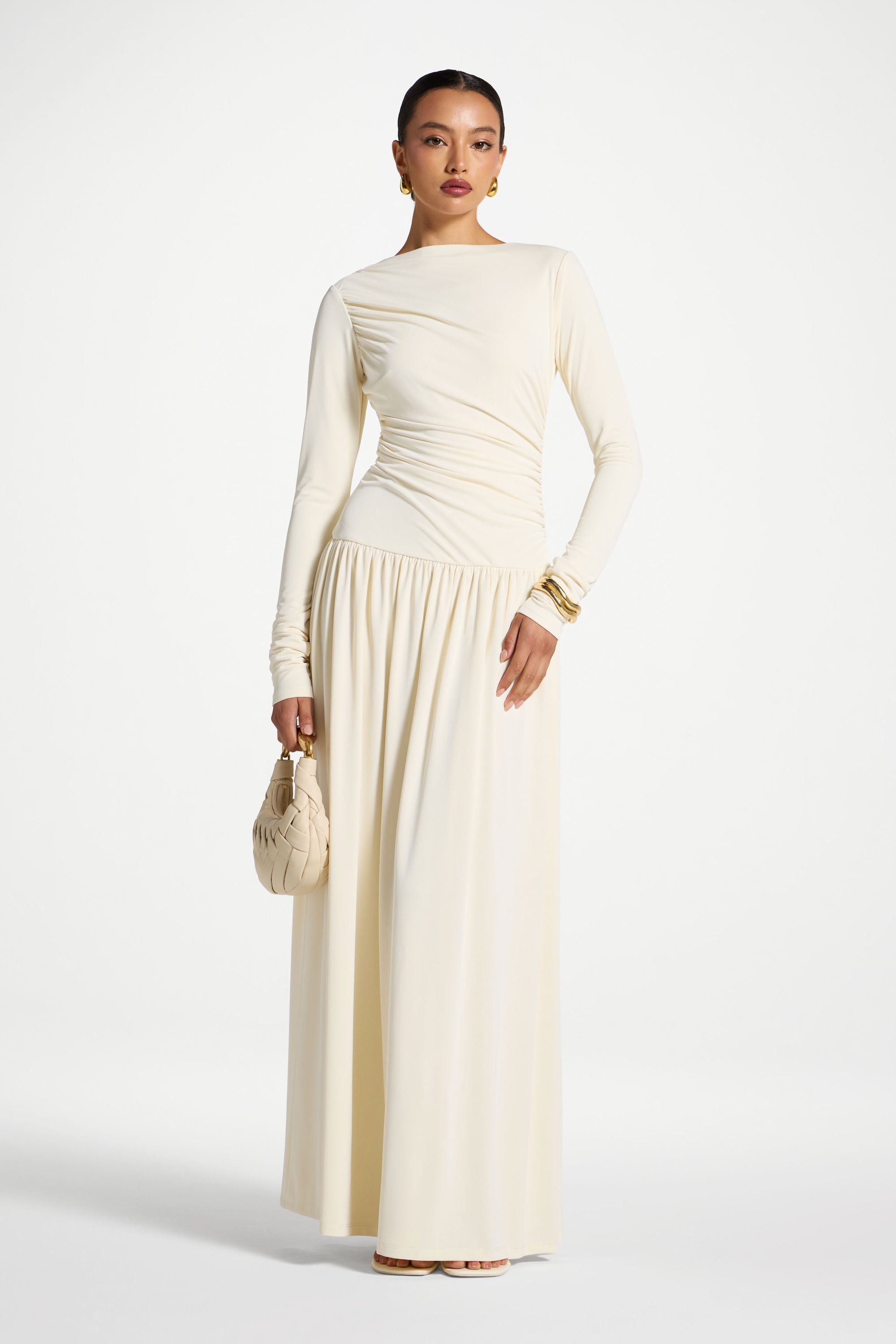 Boat Neck Rouched Maxi Dress - Ivory Abayas Veiled 