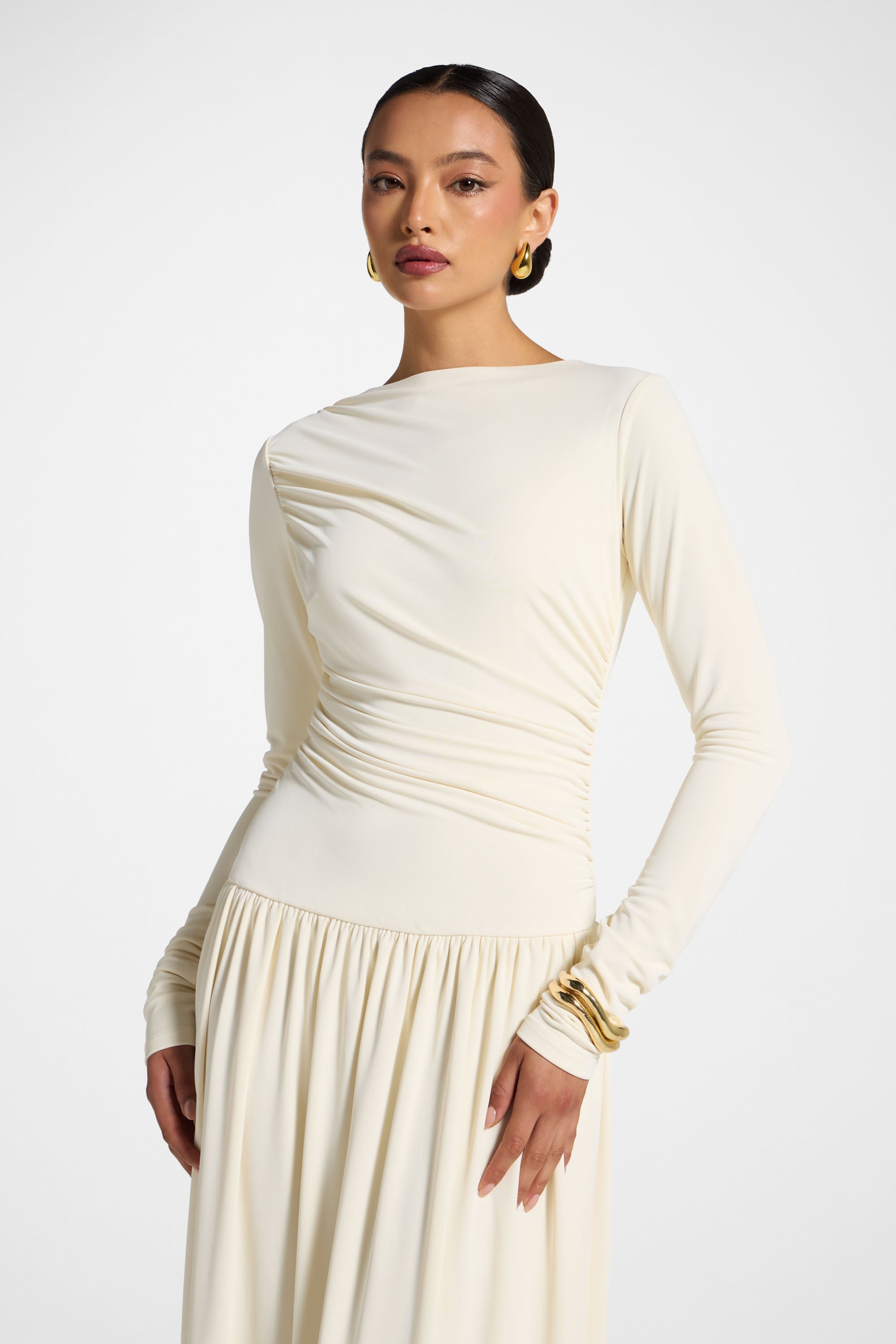 Boat Neck Rouched Maxi Dress - Ivory Abayas Veiled 